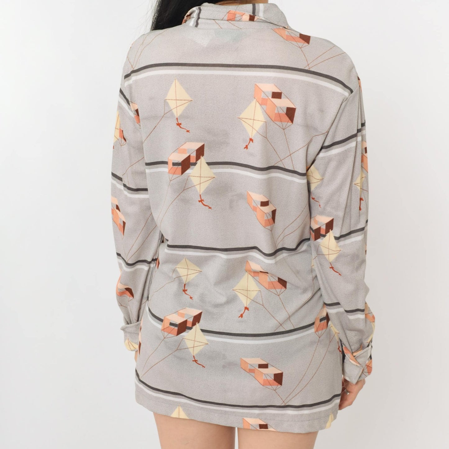 70s Huk-A-Poo Kite Print Button Up Shirt Grey Pointed Collar Medium
