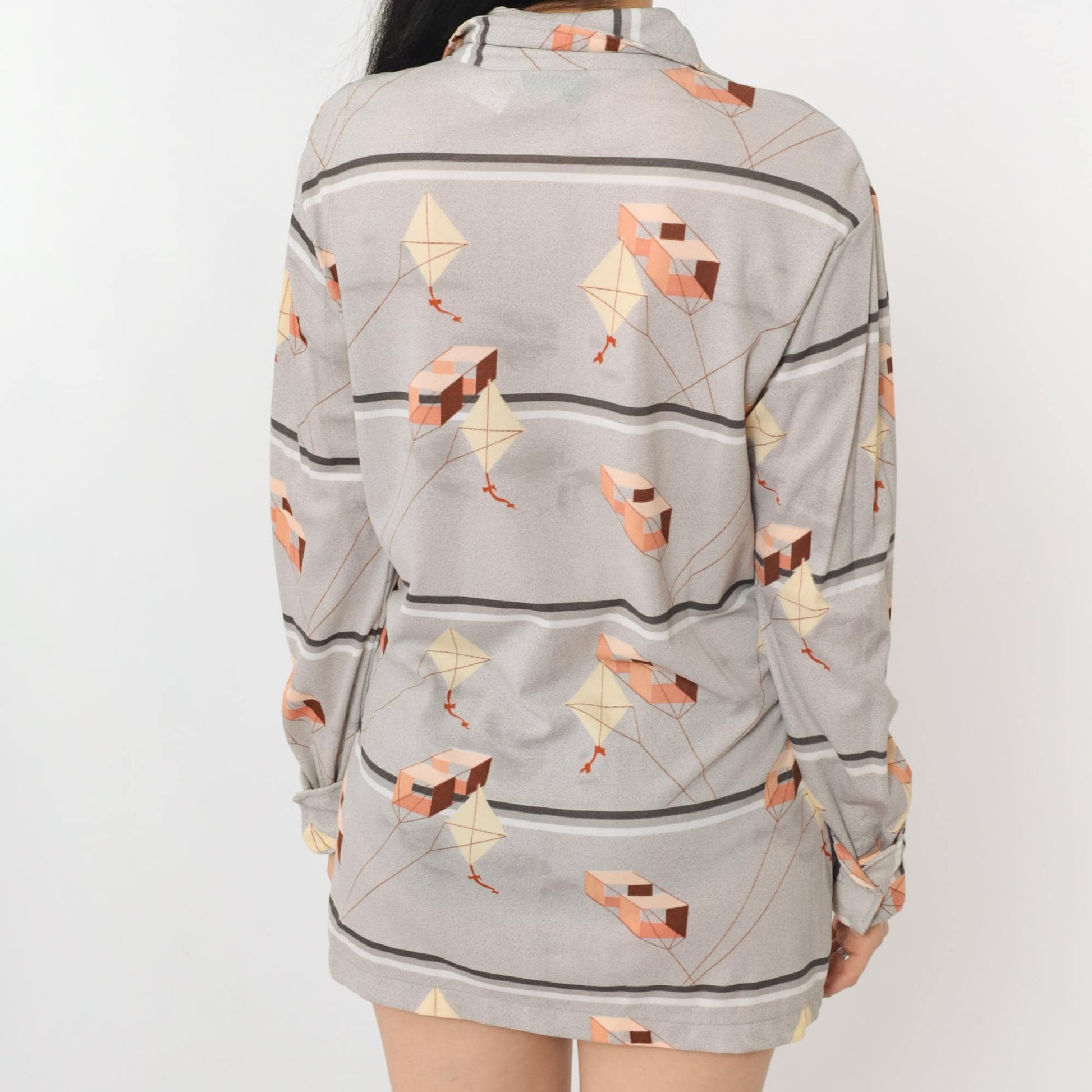 70s Huk-A-Poo Kite Print Button Up Shirt Grey Pointed Collar Medium