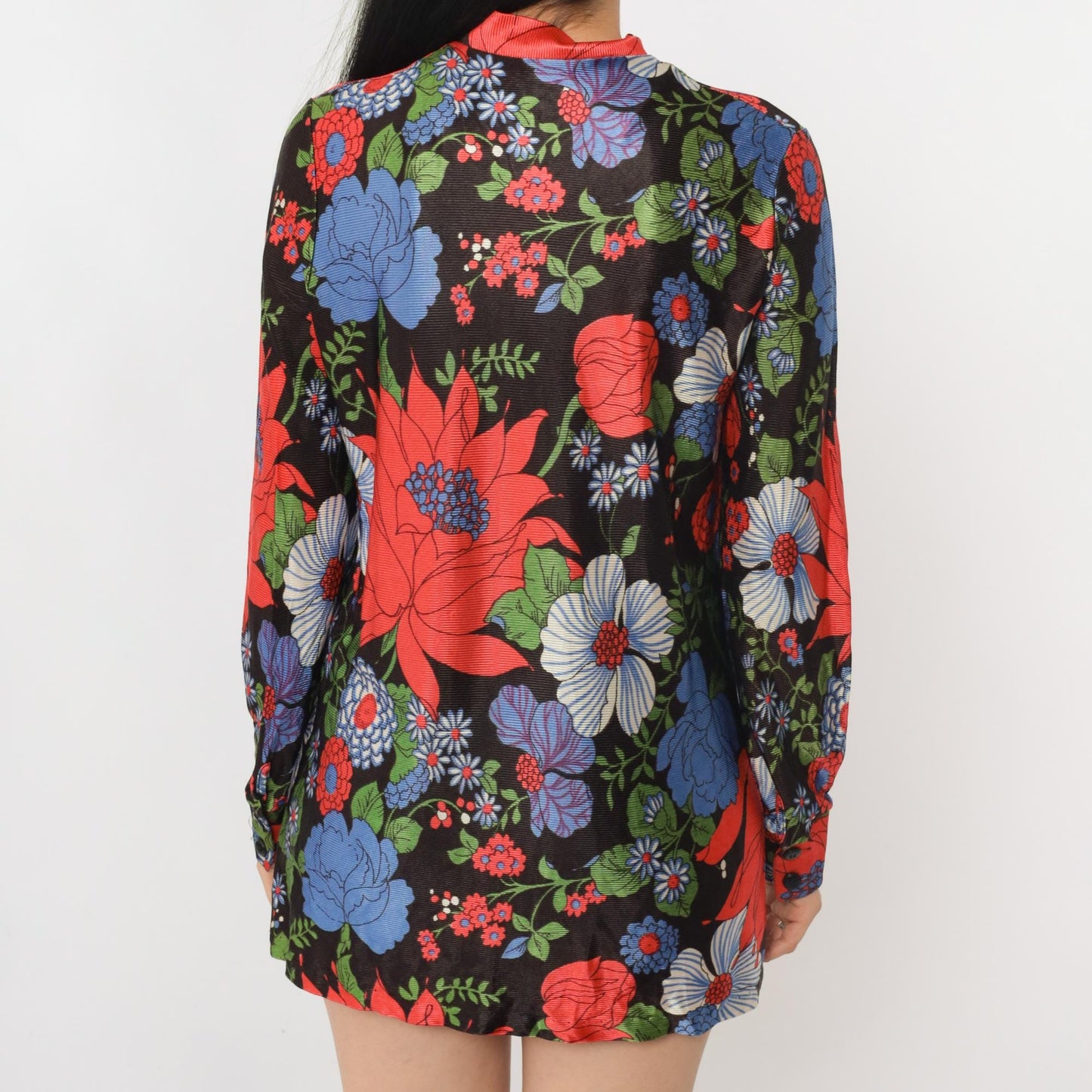 70s Dutchmaid Floral Mandarin Collar Blouse Red Blue Tunic Small