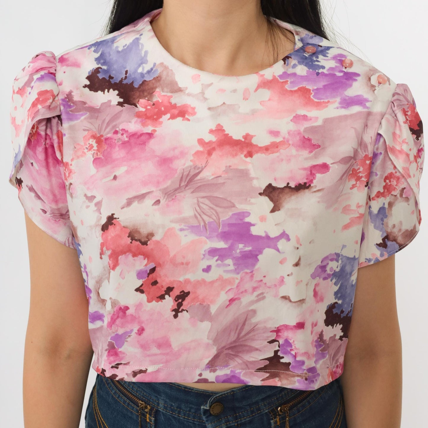 70s Floral Crop Top Puff Sleeve Blouse Pink Purple White Medium