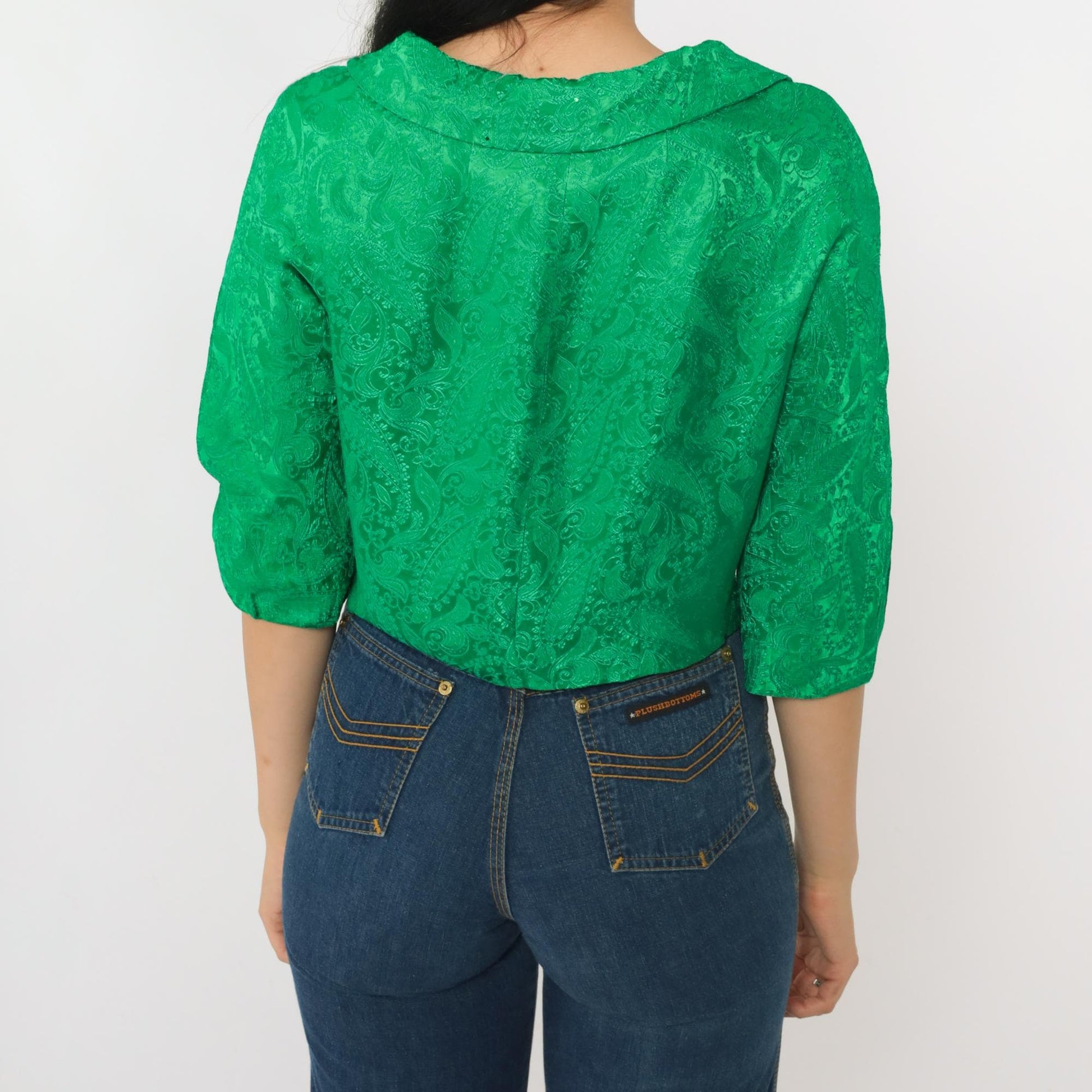 60s Green Brocade Paisley Cropped Jacket Half Sleeve Button Up Small