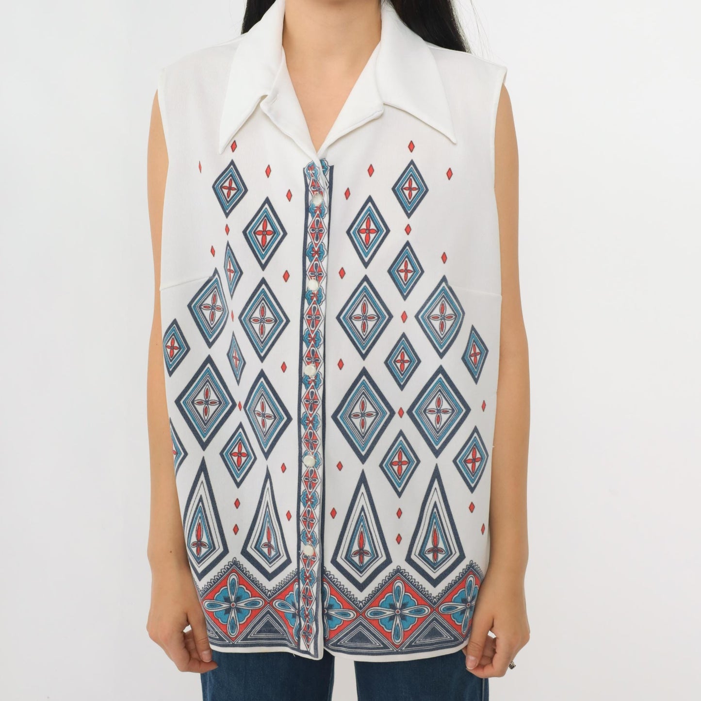 70s Geometric Diamond Print Sleeveless Blouse White Button-Up Collar Large L