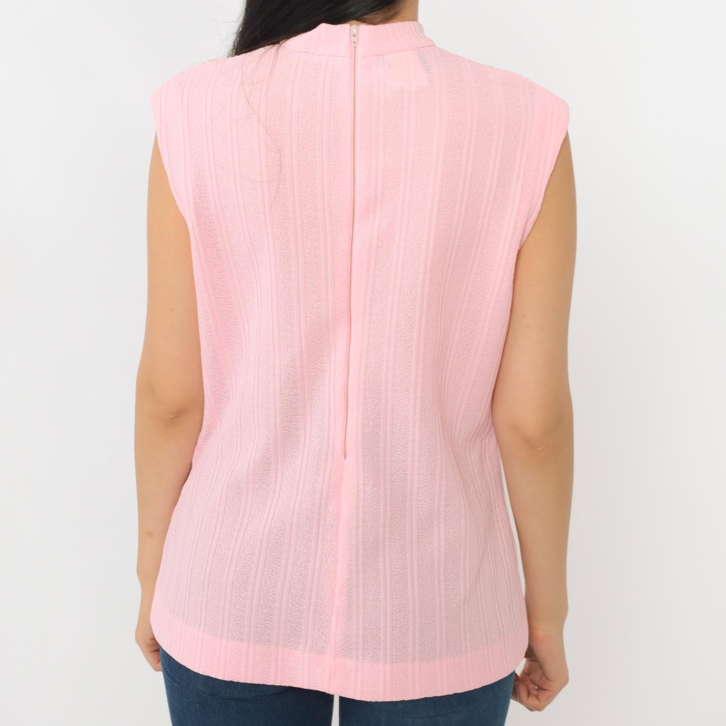 70s Pink Mock Neck Tank Top Ribbed Sleeveless Blouse Large