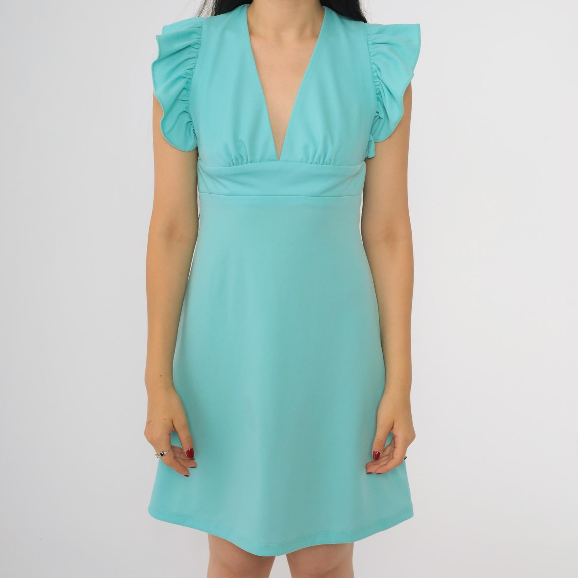 70s Blue Babydoll Dress Keyhole Back Empire Waist Flutter Sleeve Mini Small S