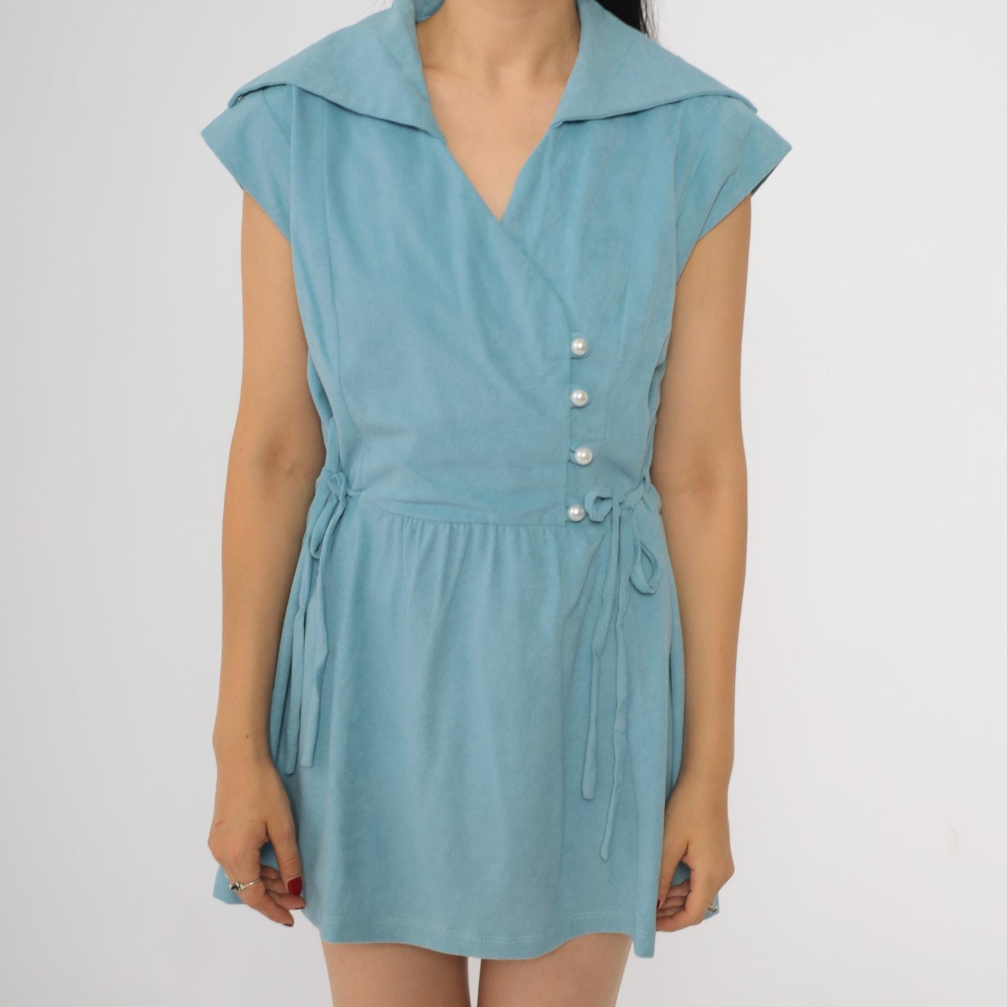 70s Blue Velour Mini Dress Asymmetrical Pearl Buttons Cap Sleeve Medium M