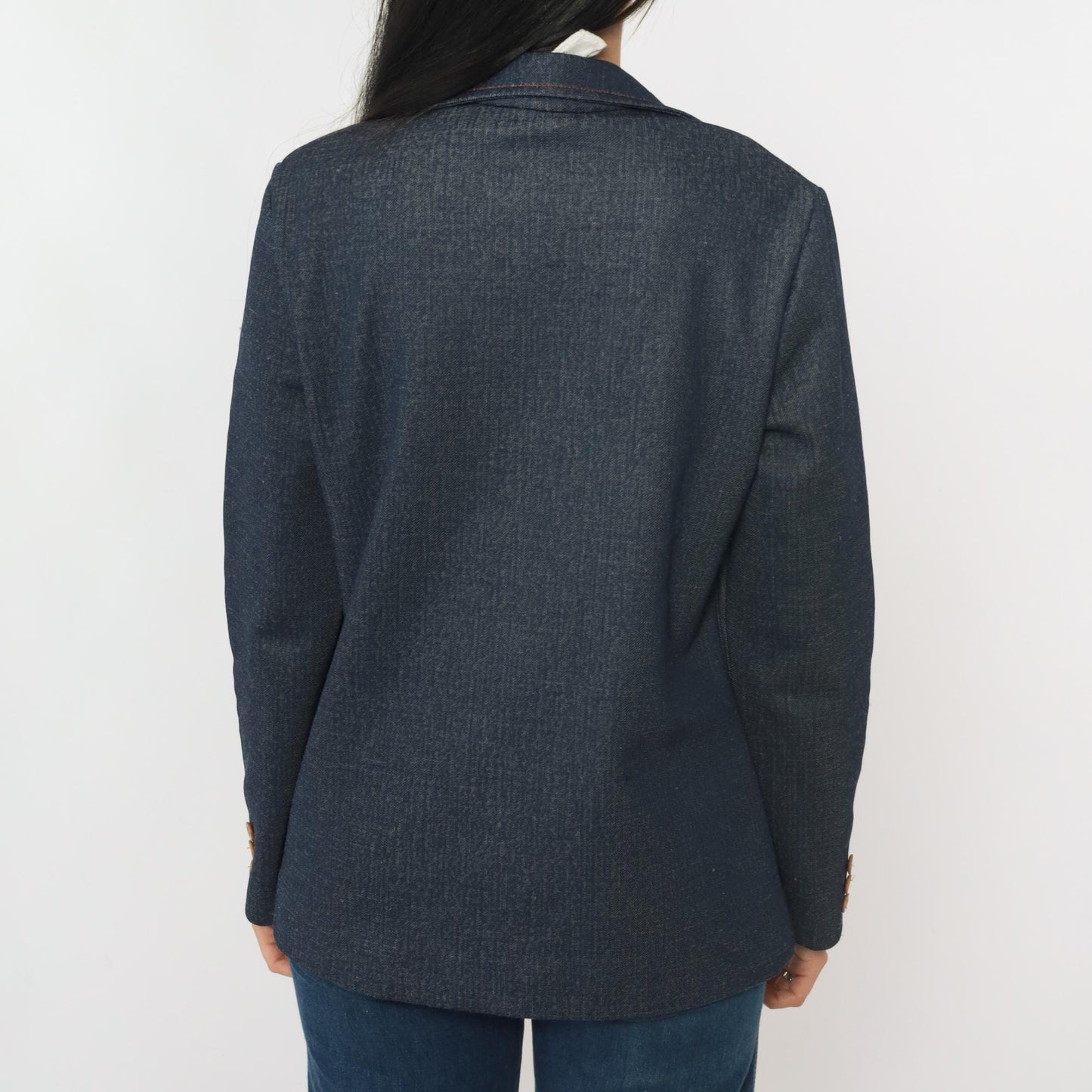70s Dark Wash Denim Blazer Jacket Collared Button-Up Blue Medium