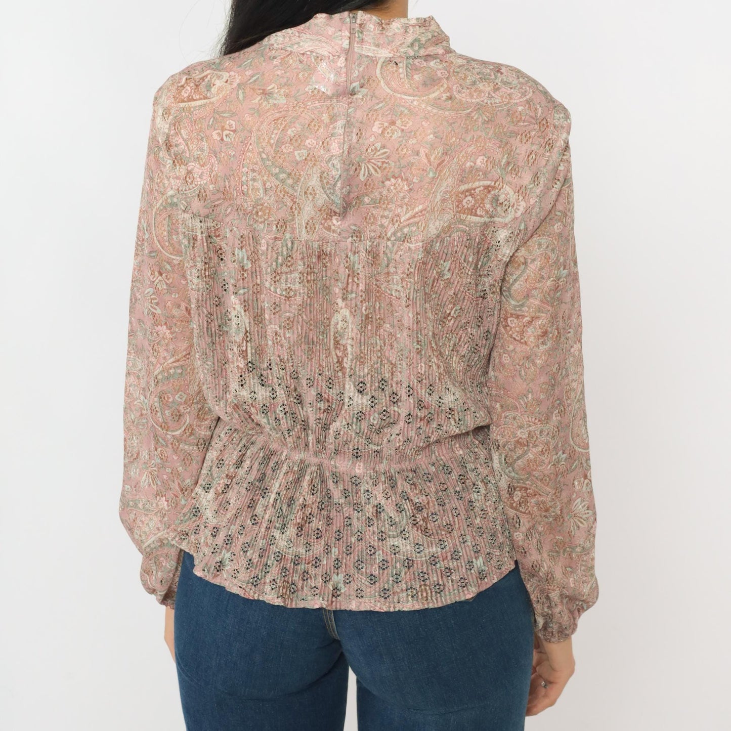70s Pink Paisley Pleated Blouse Lace Cutouts Ruffled Collar Long Sleeve Medium
