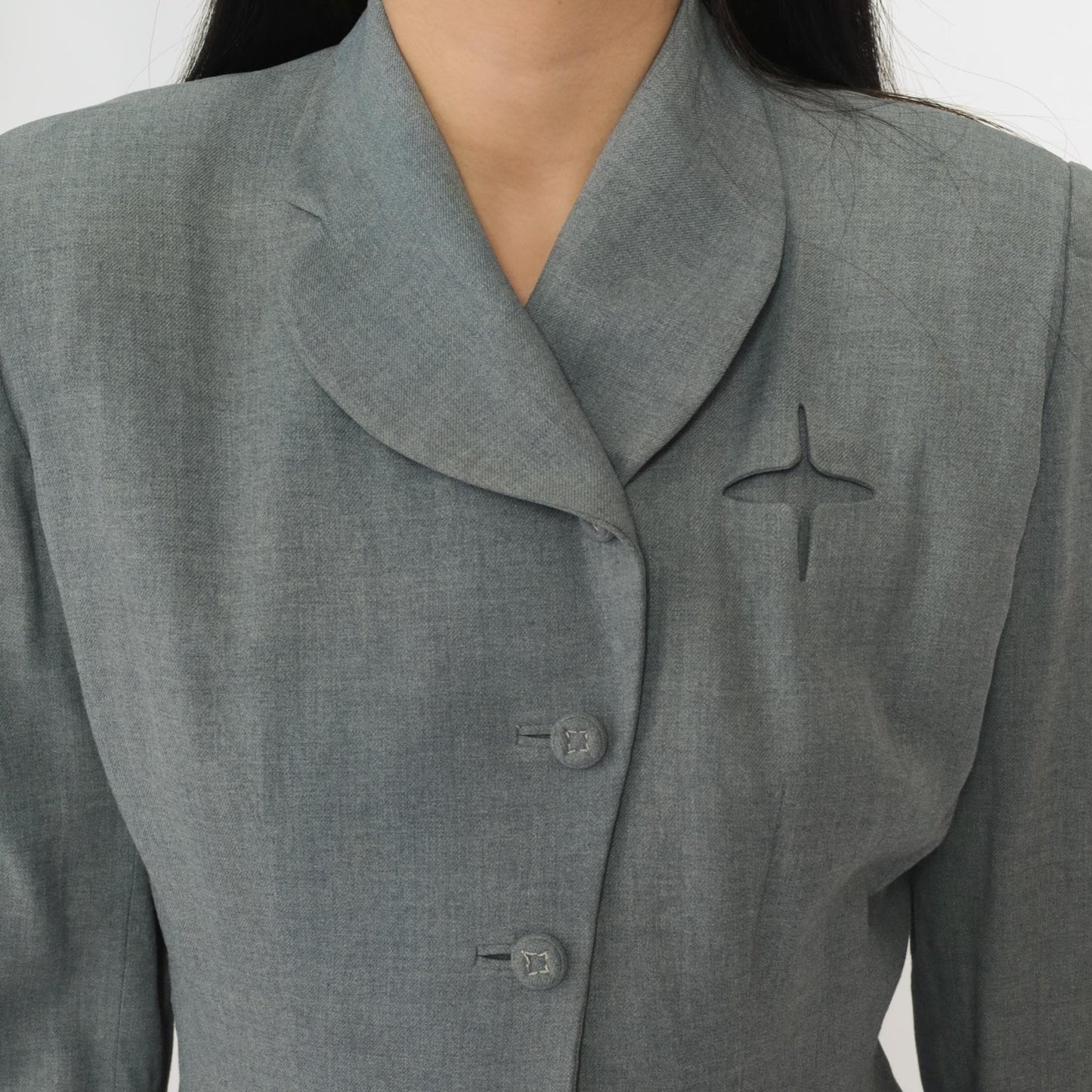 1940s Grey Wool Blazer Cropped Sculpted Waist Shawl Collar Extra Small
