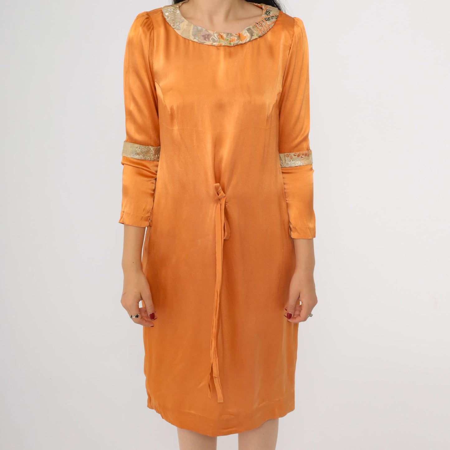 70s Orange Satin Midi Dress Floral Brocade Trim Tie Waist Puff Sleeve Small