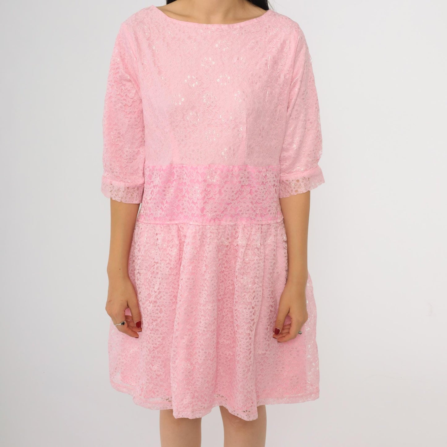 80s Baby Pink Lace Mini Dress Drop Waist Half Sleeve Gathered Skirt Medium M