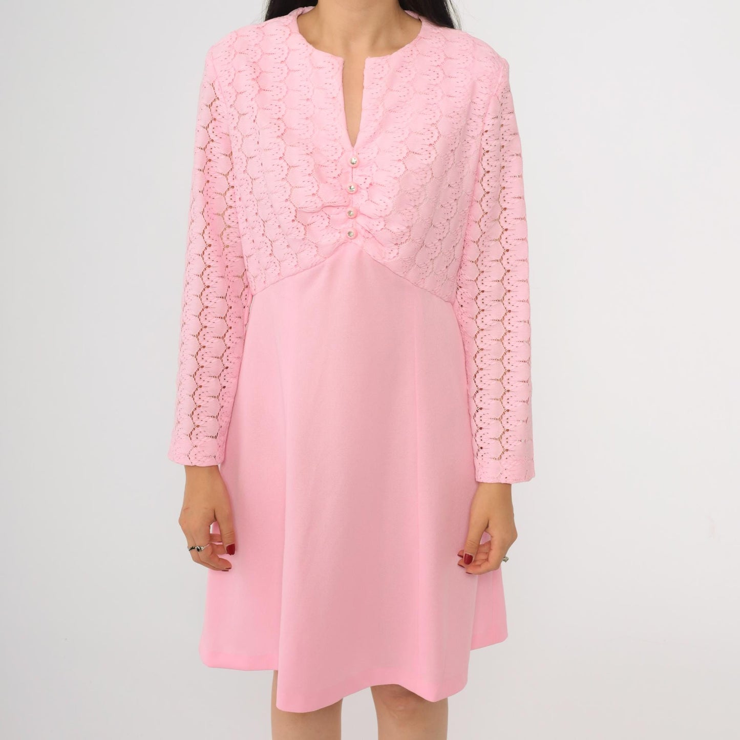 70s Baby Pink Lace Mini Dress Rhinestone Buttons High Waist Long Sleeve Medium M