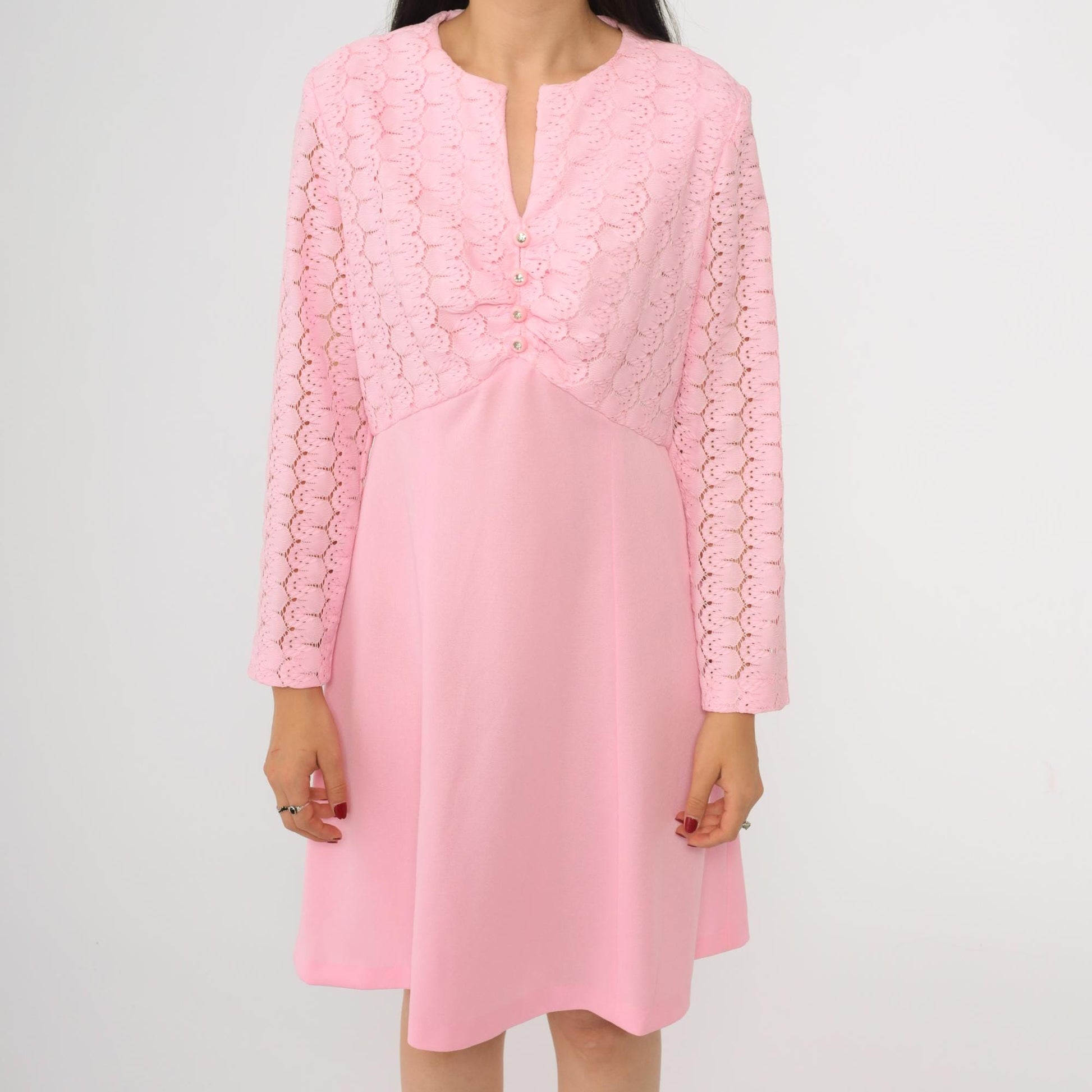 70s Baby Pink Lace Mini Dress Rhinestone Buttons High Waist Long Sleeve Medium M