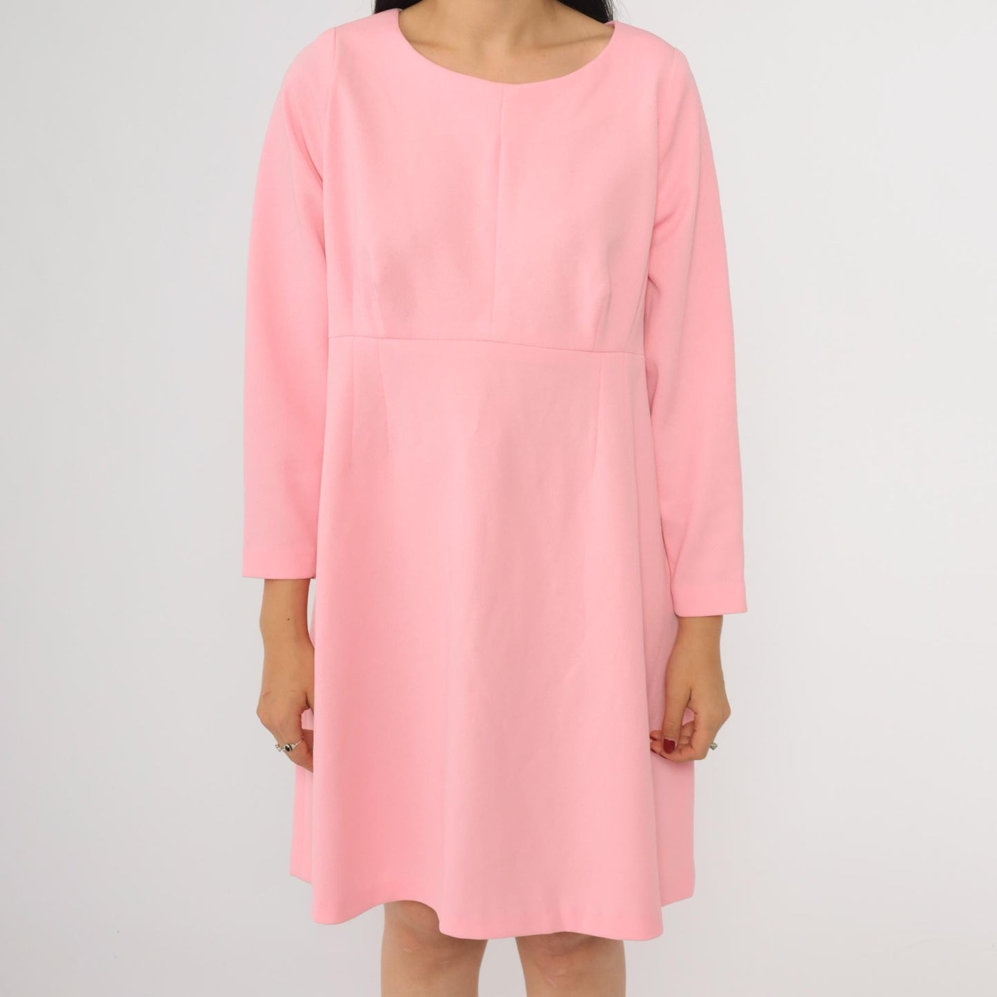 70s Pink Empire Waist Mini Dress Long Sleeve Flared Skirt Medium M