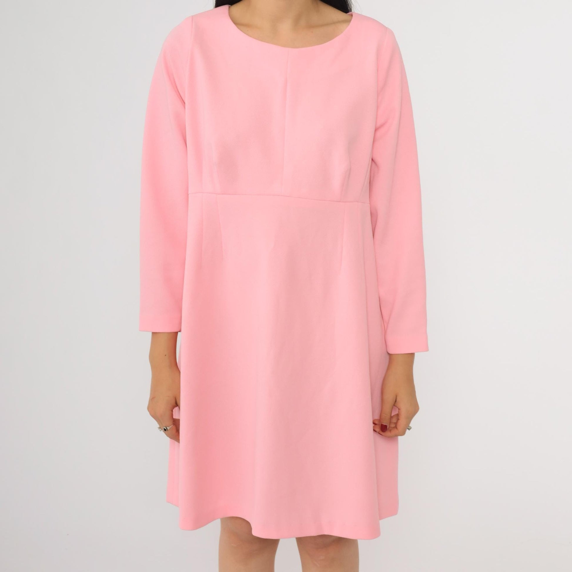 70s Pink Empire Waist Mini Dress Long Sleeve Flared Skirt Medium M