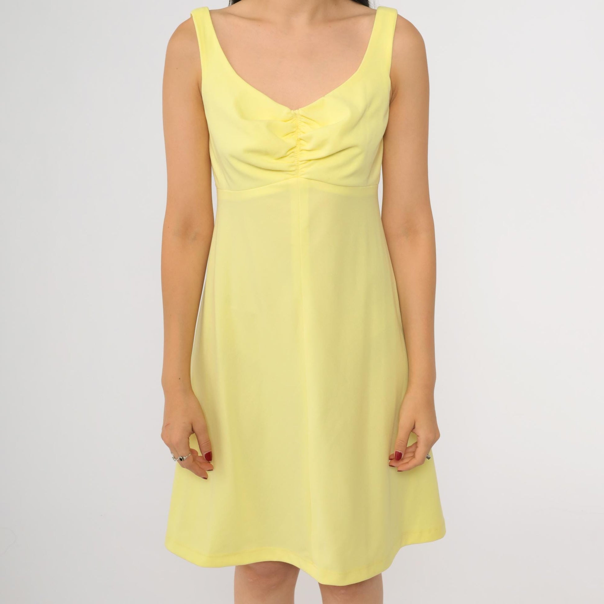 70s Yellow Babydoll Mini Dress Empire Waist Scoop Neck Sleeveless Small