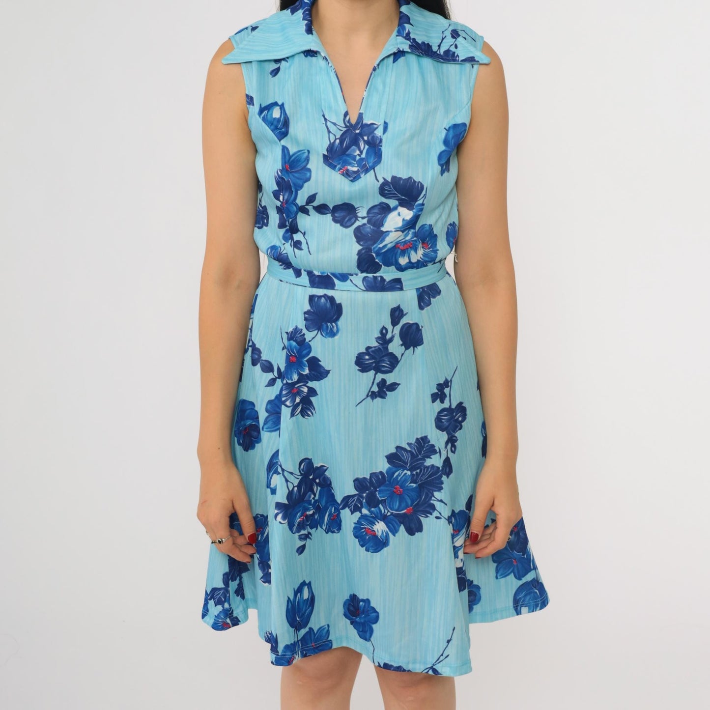 70s Mod Floral Mini Dress Two-Tone Blue A-Line Shift Sleeveless Small