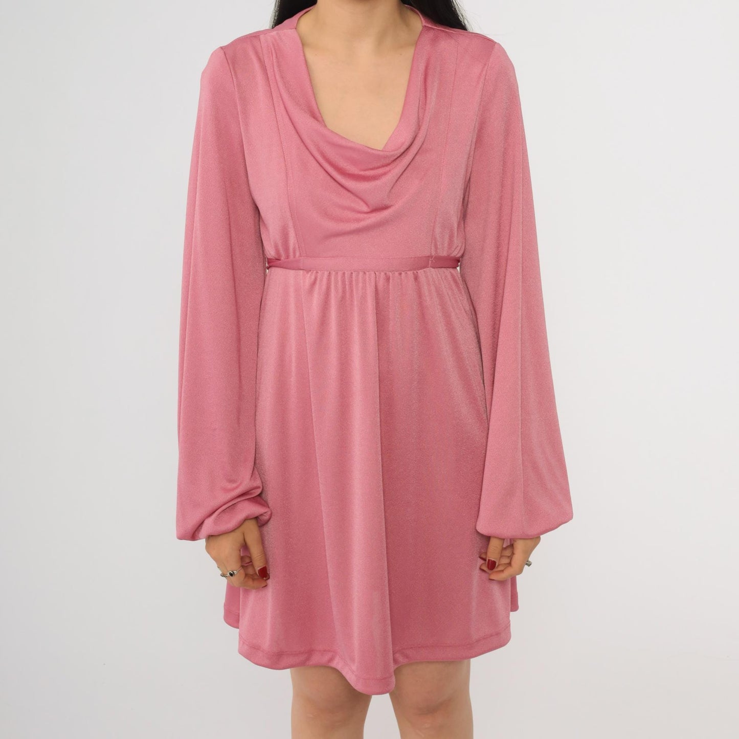 70s Pink Cowl Neck Mini Dress Balloon Sleeve Empire Waist Small