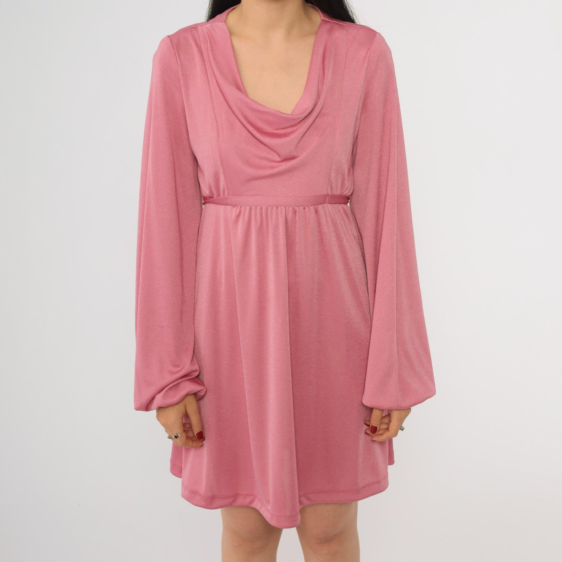 70s Pink Cowl Neck Mini Dress Balloon Sleeve Empire Waist Small