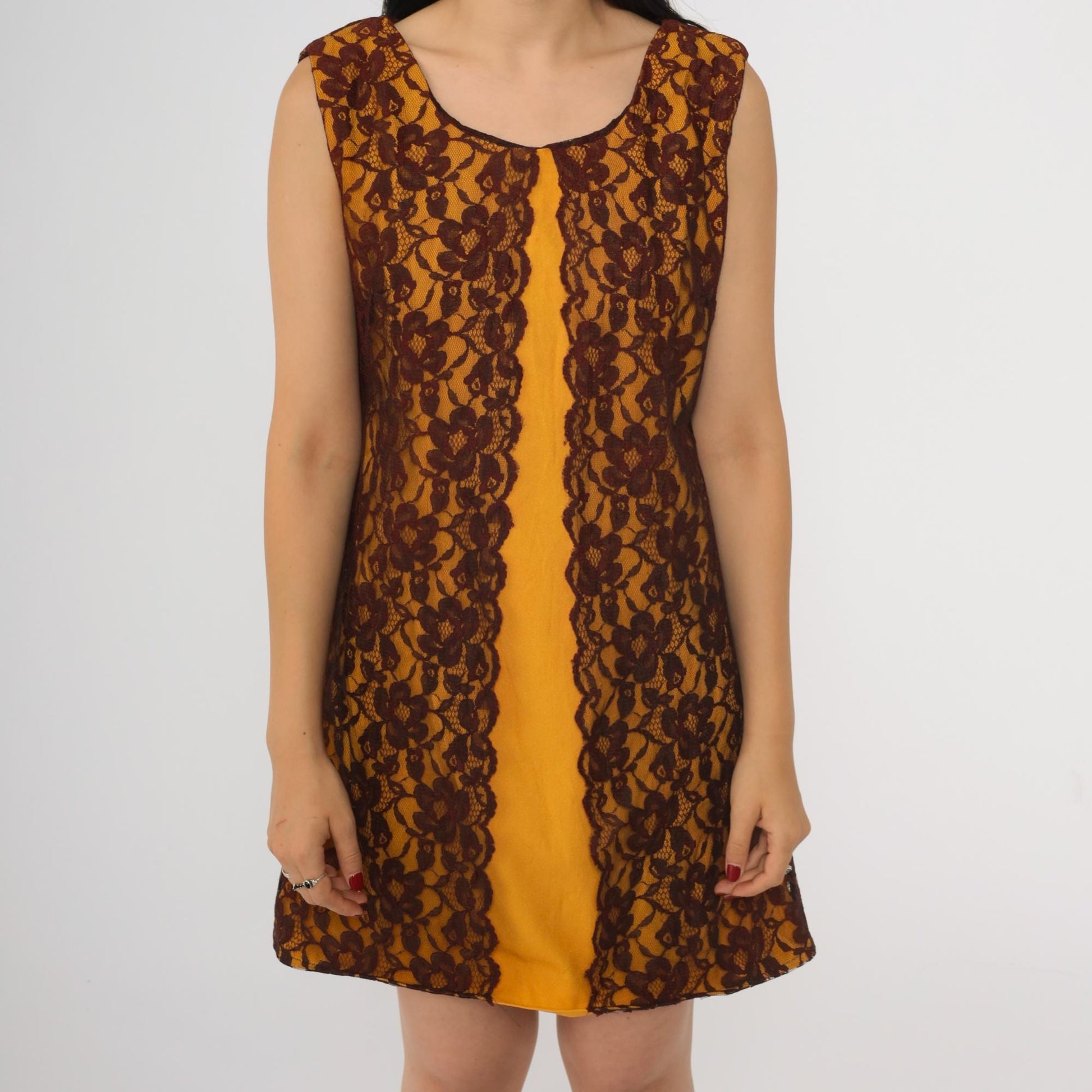 60s Orange Lace Cocktail Dress Shift Sleeveless Mini Small S