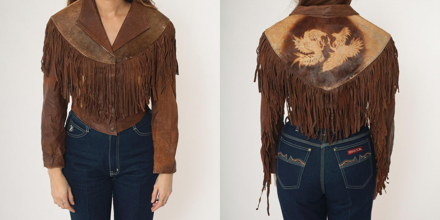 1970s Leather Fringe Jacket Brown Cowhide Eagle Yoke Western Snap Extra Small