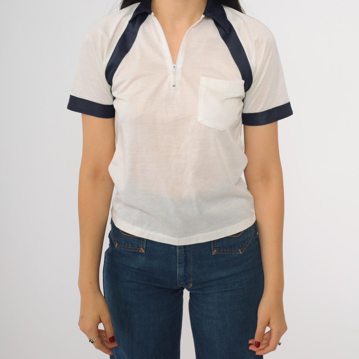 80s Bardor White Polo Shirt Navy Striped Quarter Zip Short Sleeve XXS