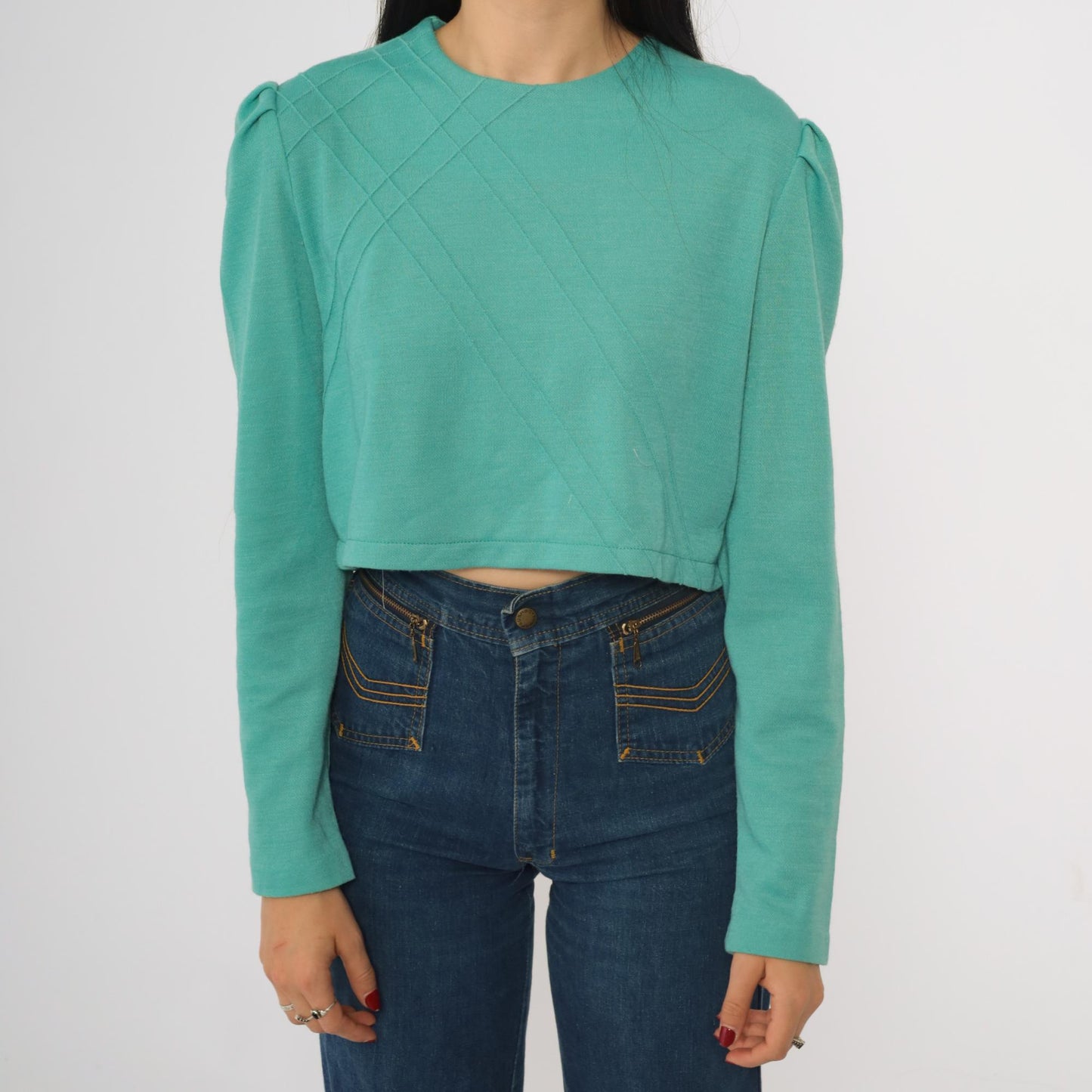 80s Green Puff Sleeve Crop Top Lattice Texture Wool Blend Medium