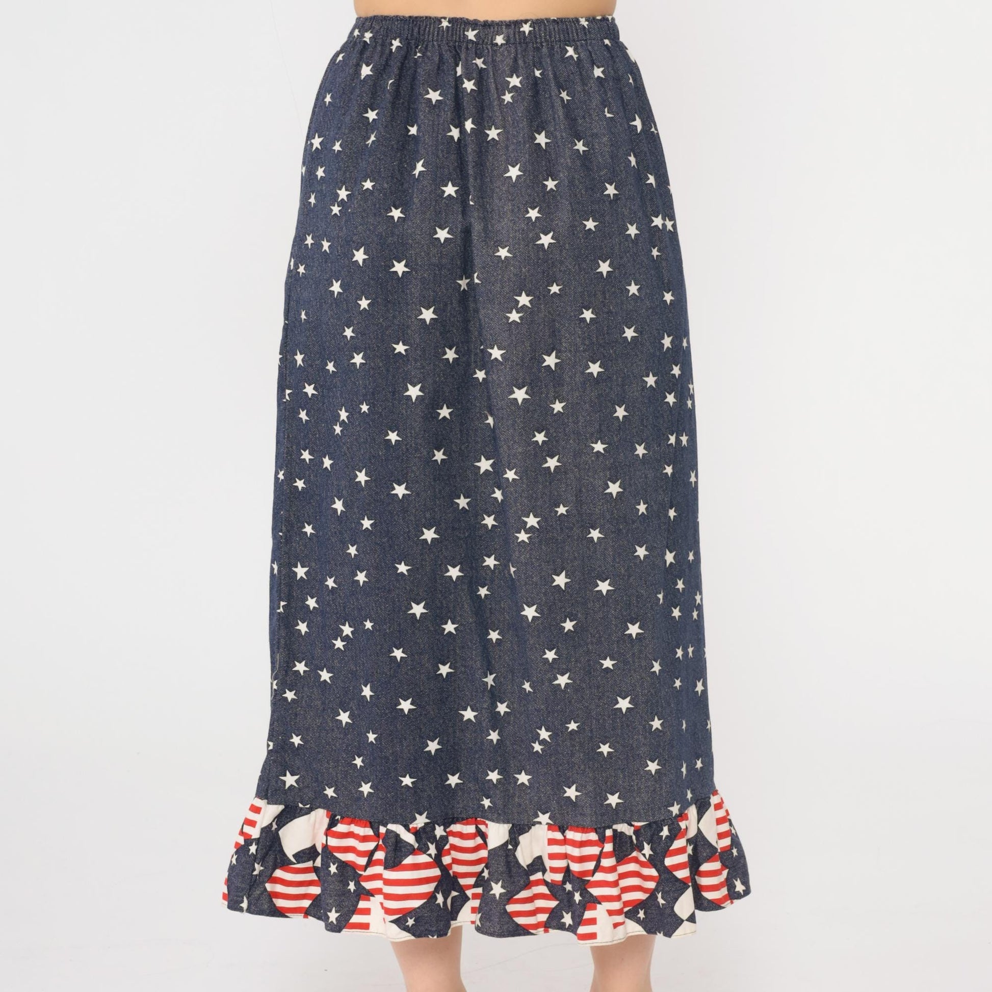 90s Patriotic Midi Skirt American Flag Star Print Ruffle Hem Red White Blue XS