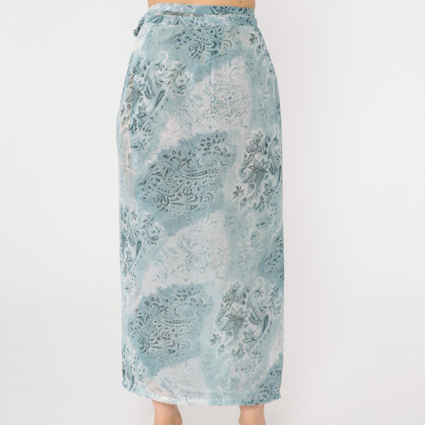00s Blue Paisley Floral Wrap Maxi Skirt High Waist Tie Ankle Length Small