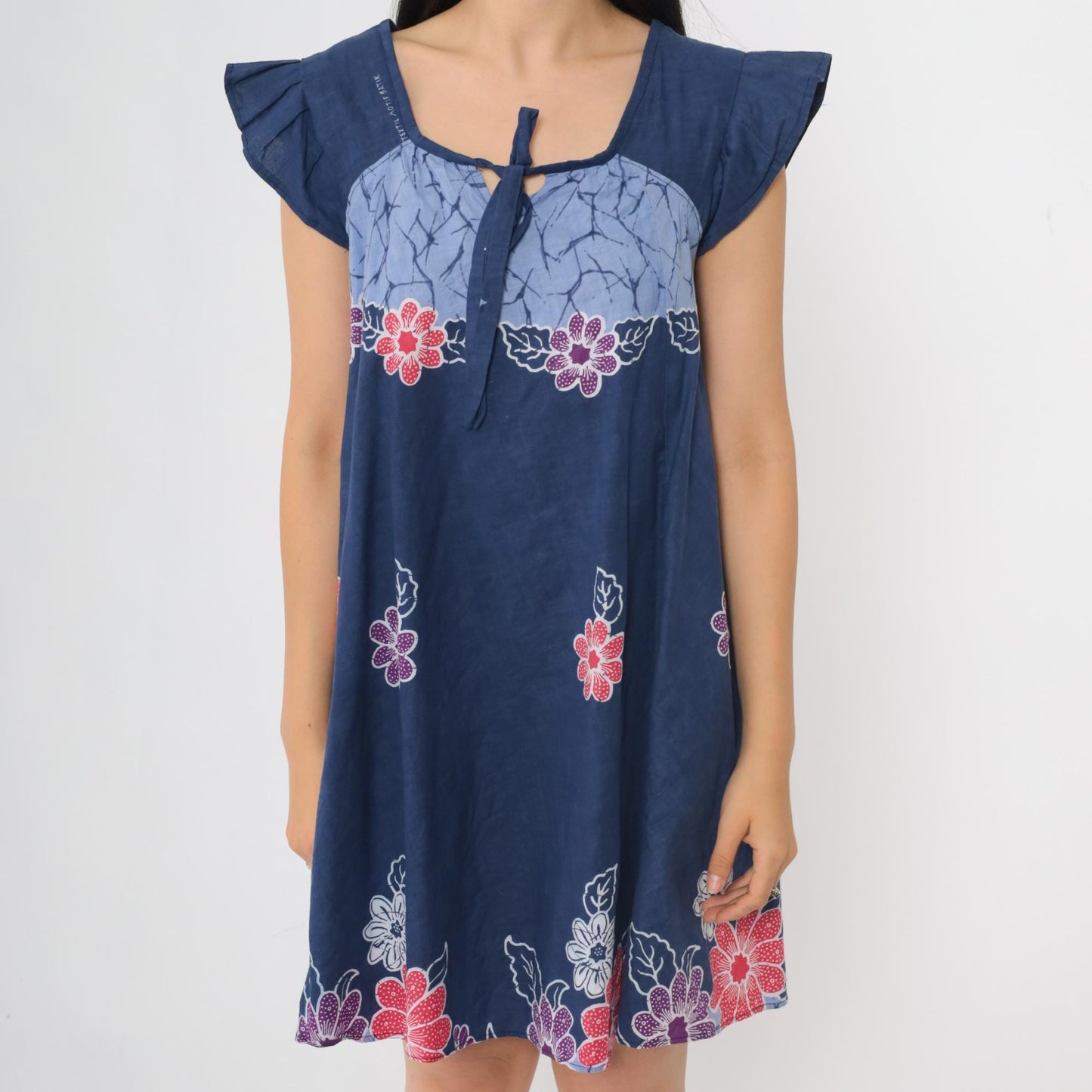 90s Batik Floral Blue Mini Dress Cap Sleeve Tie Neck Trapeze Small S