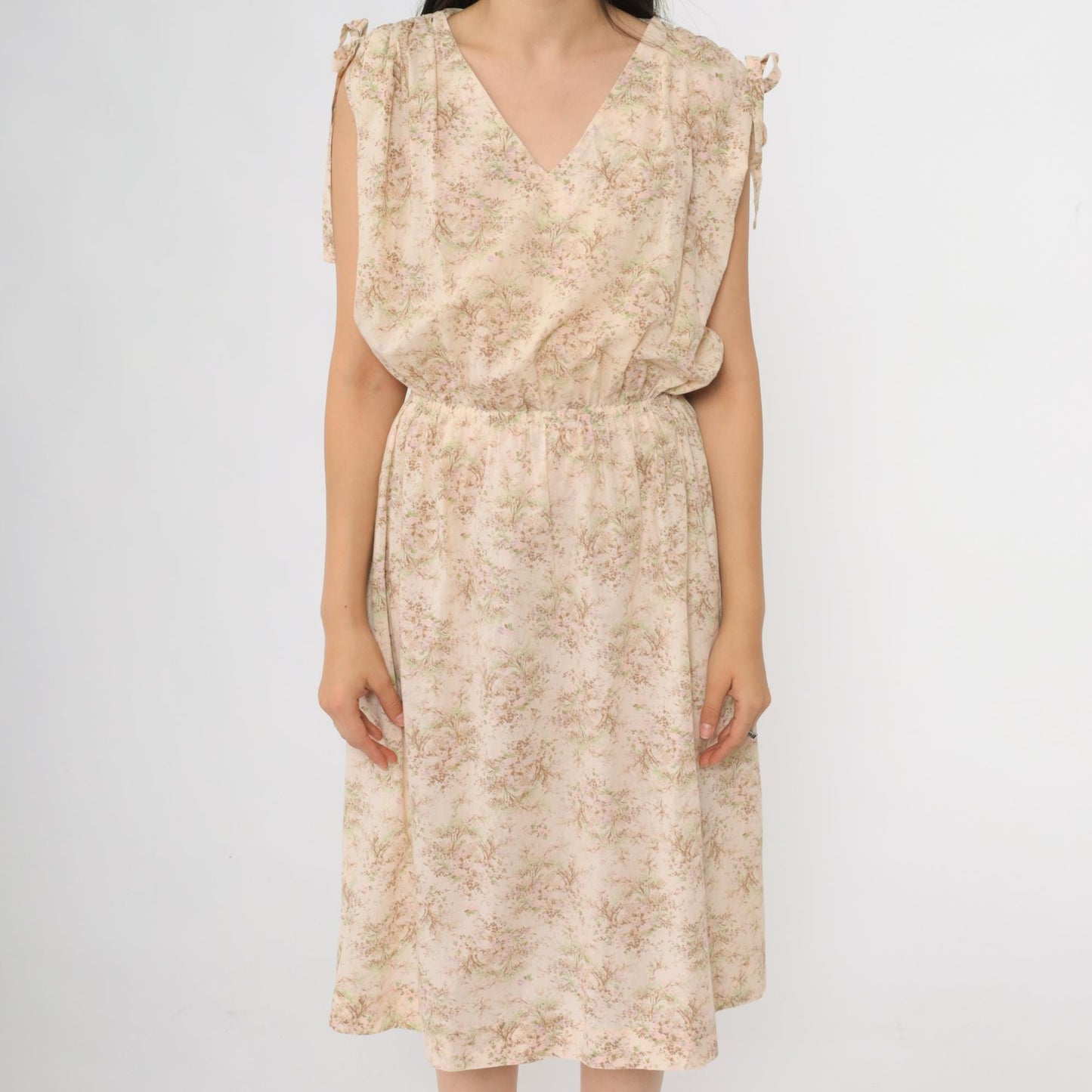 70s Floral Midi Dress Cream High Waist Cap Sleeve V Neck Small S