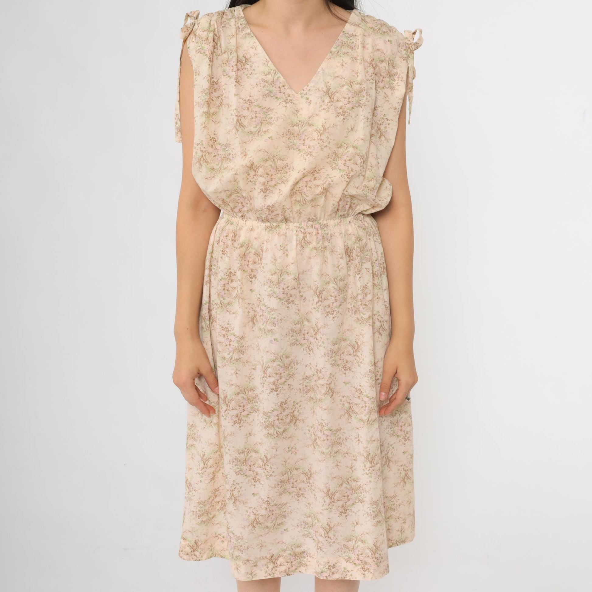 70s Floral Midi Dress Cream High Waist Cap Sleeve V Neck Small S
