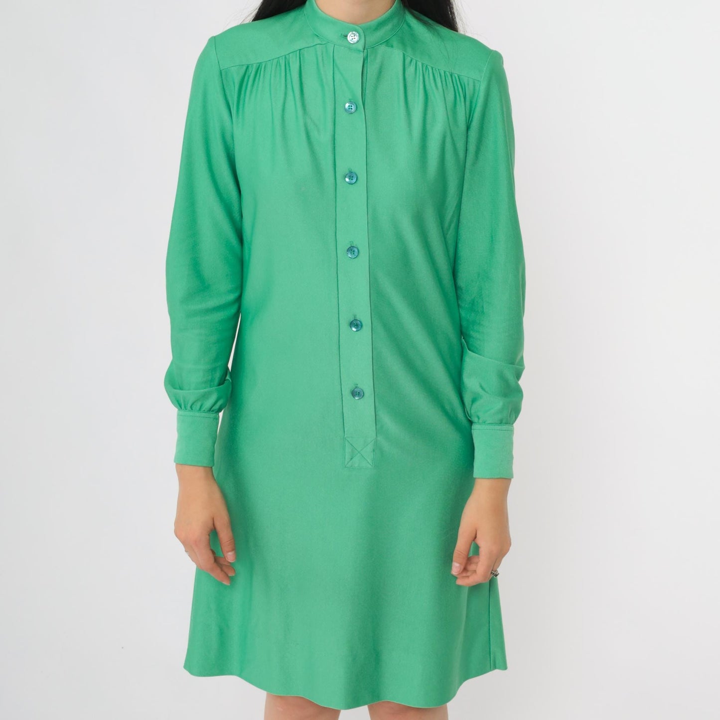 70s Green Mini Shift Dress Button-Up Long Sleeve High Neck Extra Small