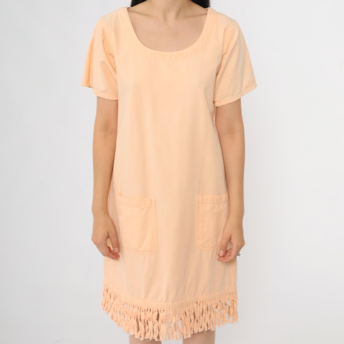 90s Peach Fringe Mini Shift Dress Cotton Short Sleeve Pockets Small S