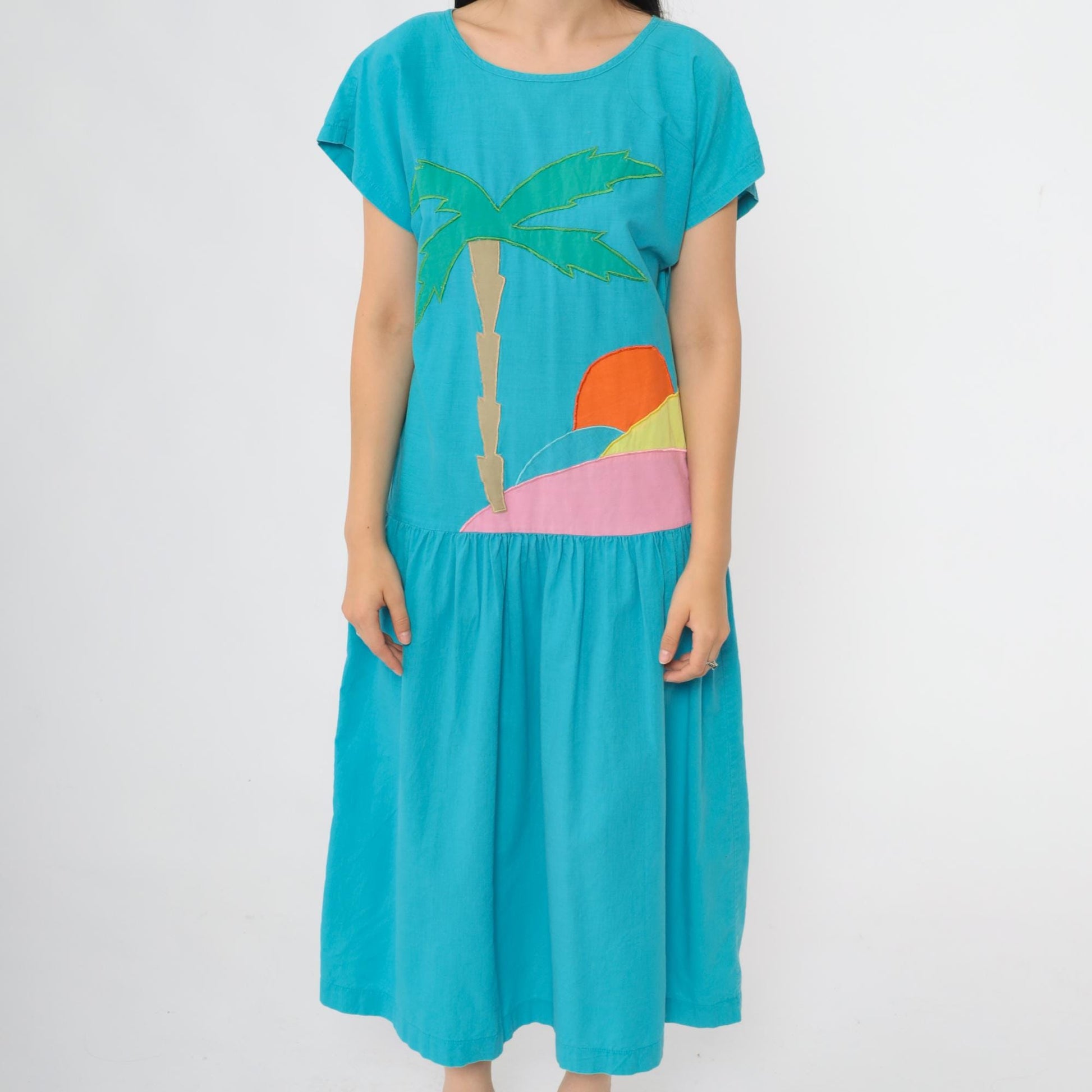 80s Turquoise Tropical Palm Tree Midi Dress Keyhole Back Drop Waist Small
