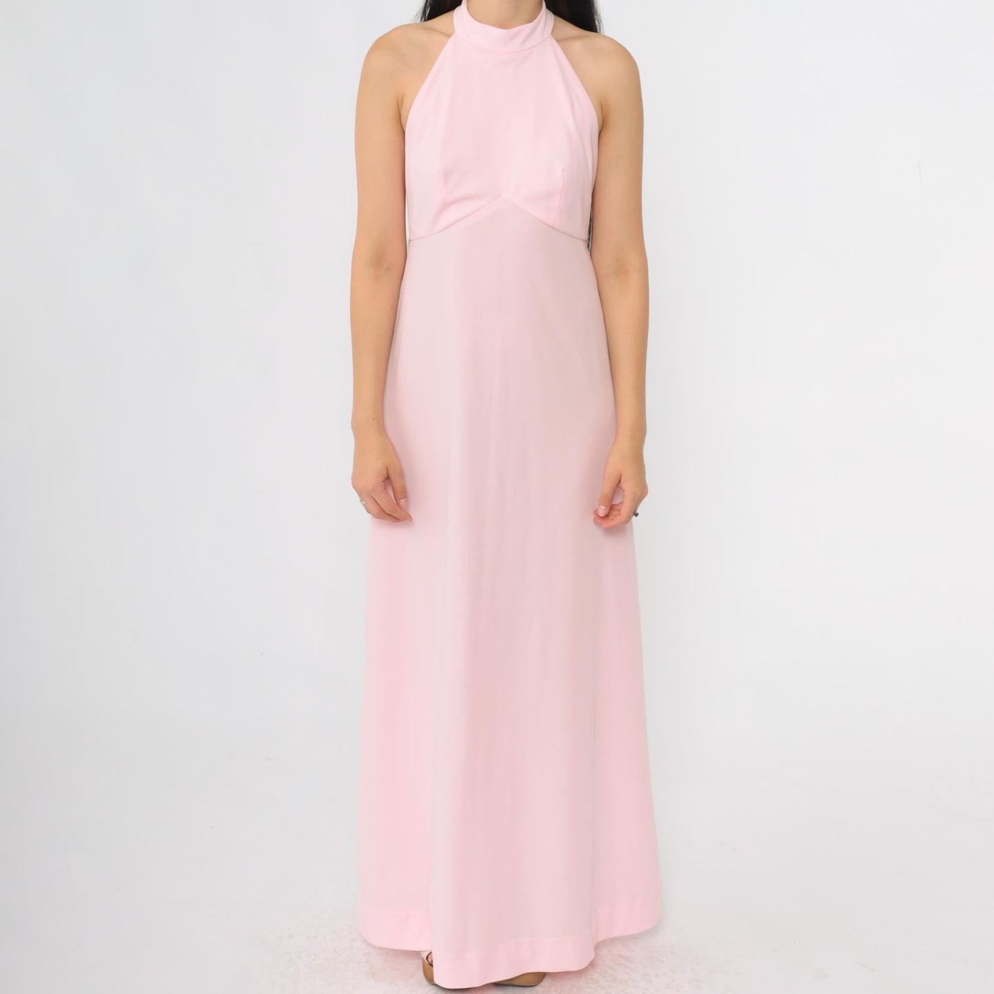 70s Pink Halter Maxi Dress Racerback Empire Waist XS