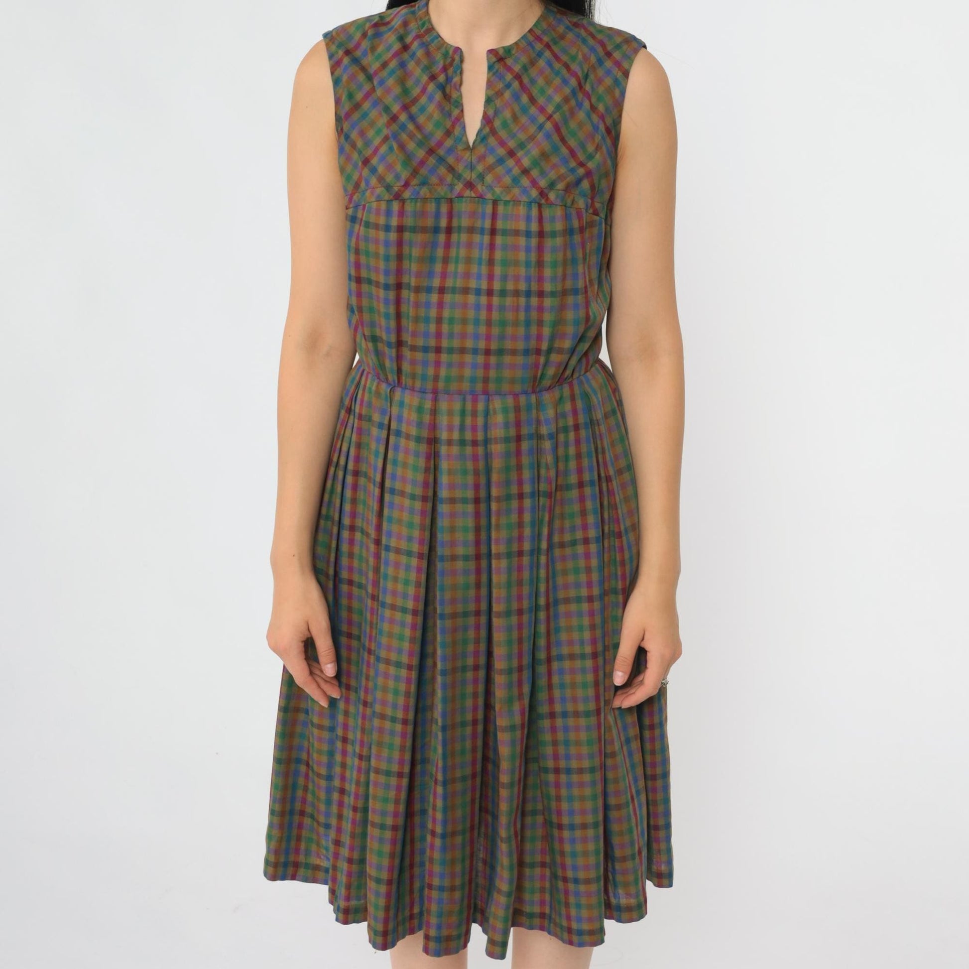 1960s Sue Brett Olive Gingham Sleeveless Midi Dress High Waist Pleated Extra Small