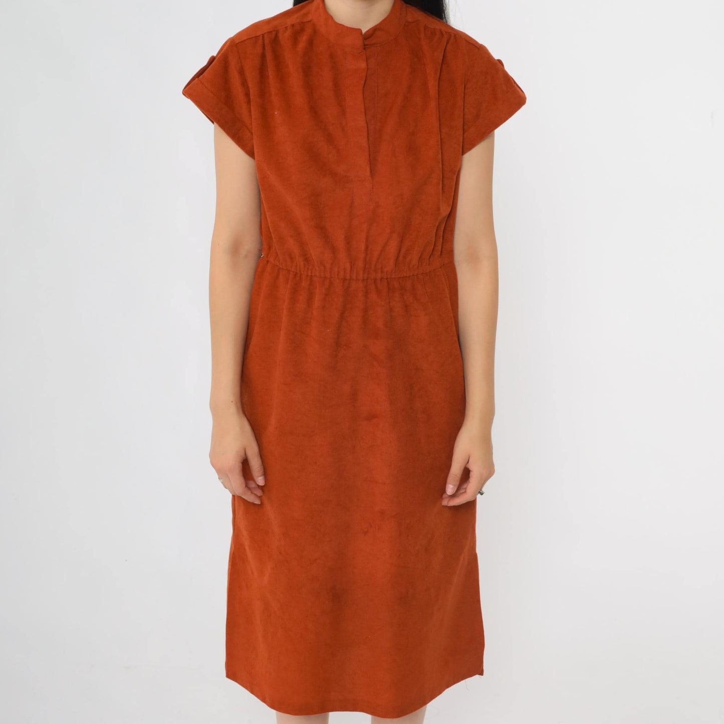 70s Rust Orange Velour Midi Dress High Waist Cap Sleeve Medium