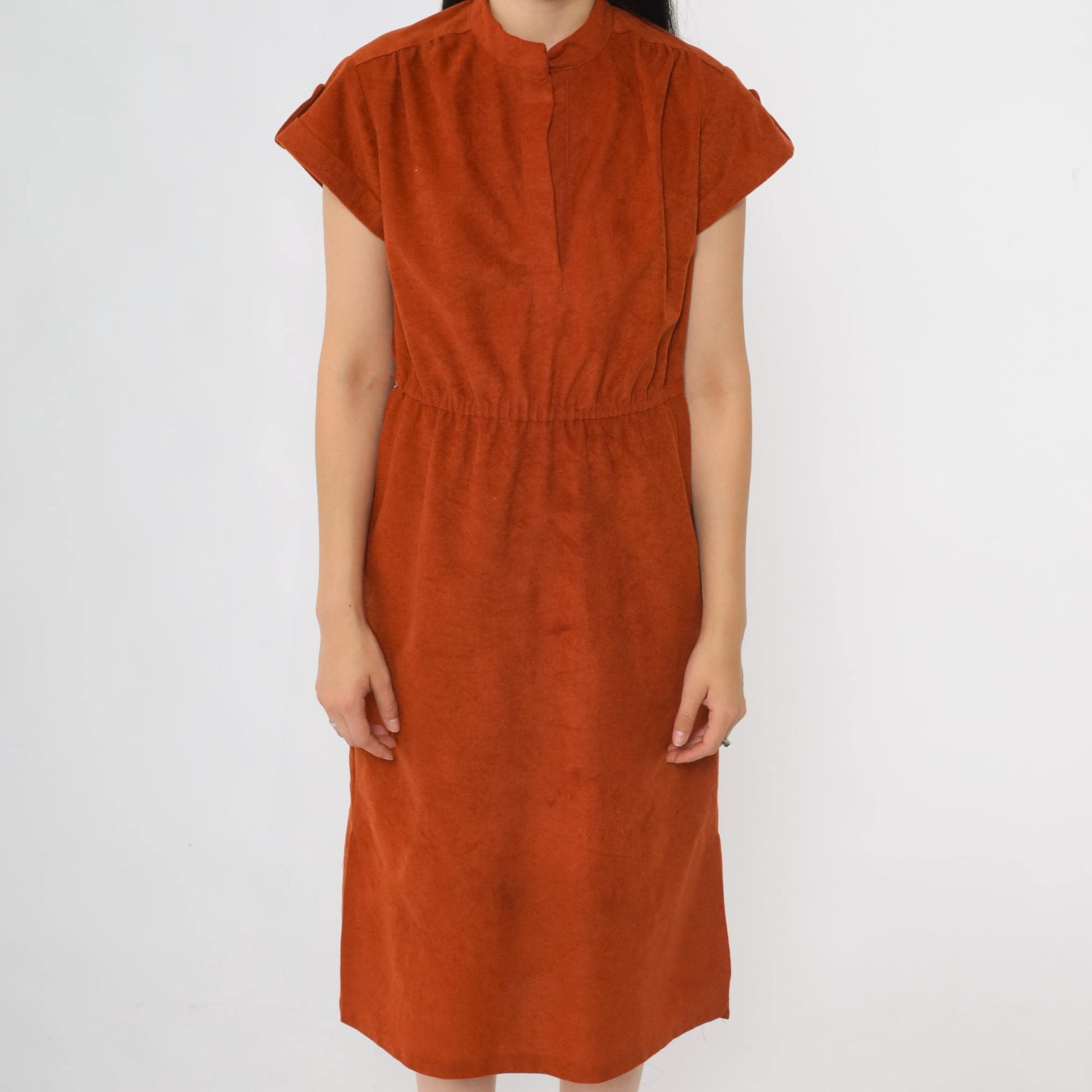 70s Rust Orange Velour Midi Dress High Waist Cap Sleeve Medium