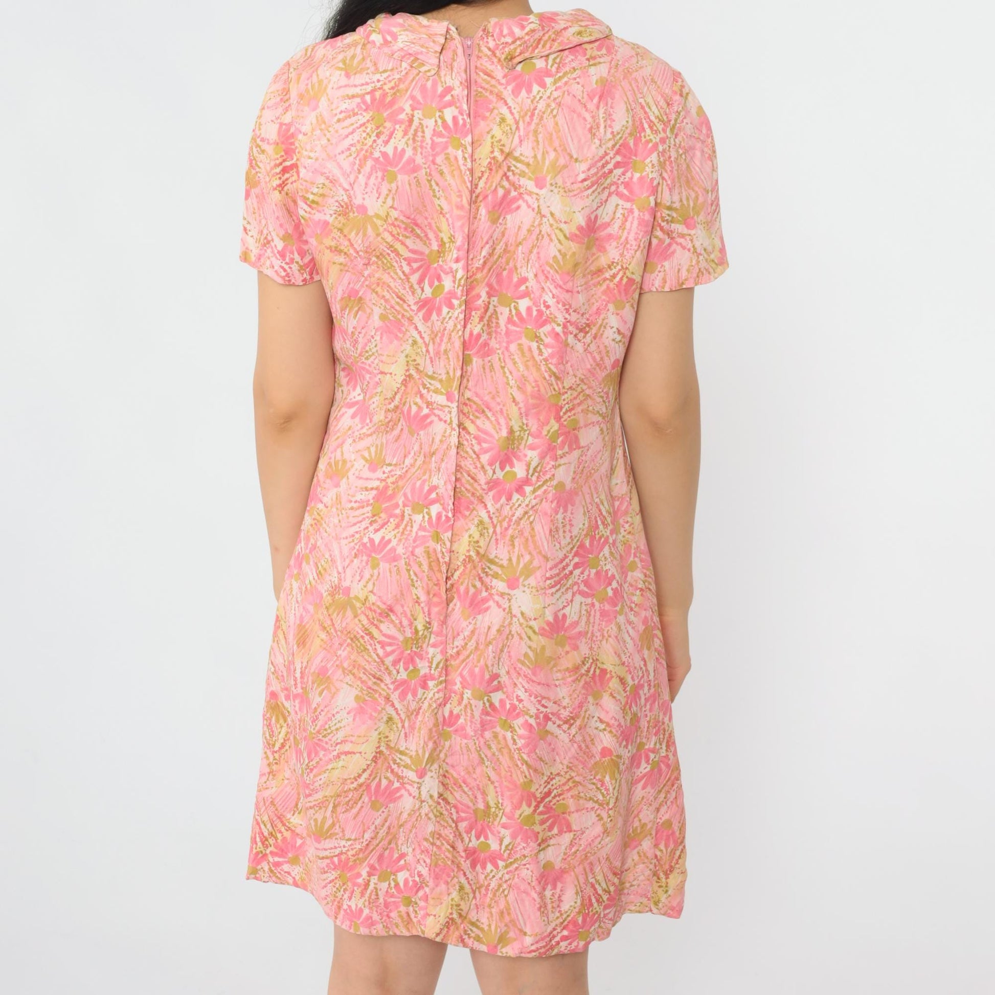 60s Pink Abstract Floral Shift Mini Dress Short Sleeve Small S