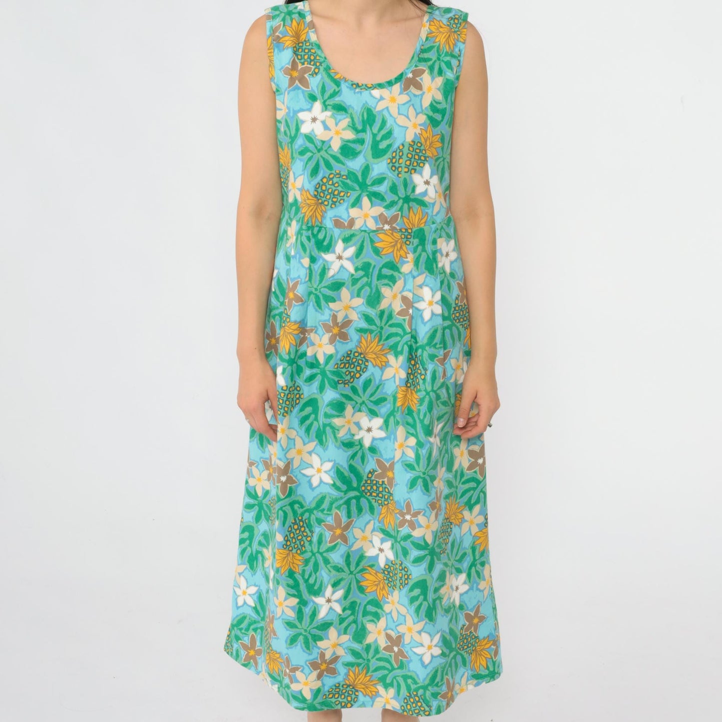 Y2K Ron Jon Surf Shop Hawaiian Floral Pineapple Midi Dress Cotton Green Medium