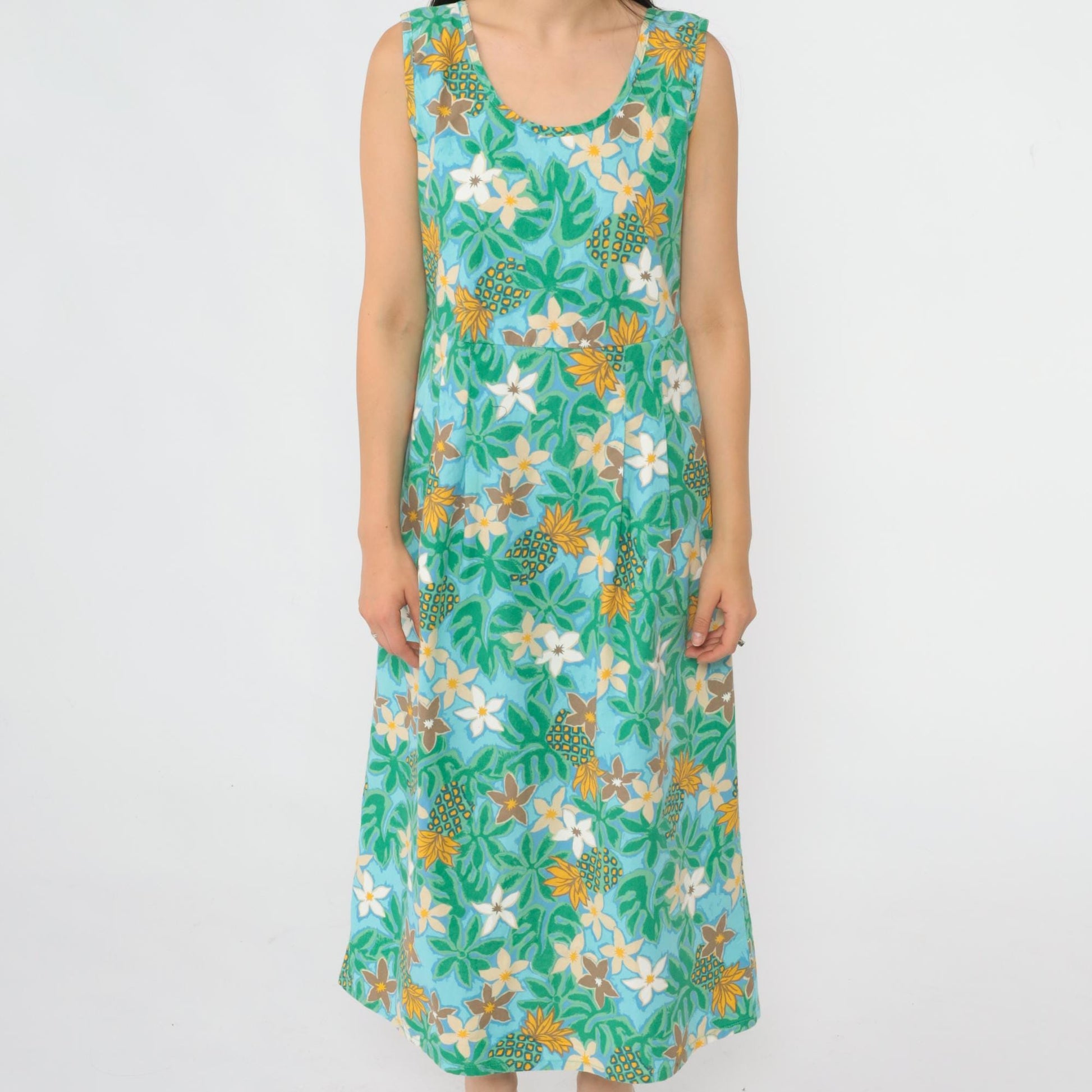 Y2K Ron Jon Surf Shop Hawaiian Floral Pineapple Midi Dress Cotton Green Medium