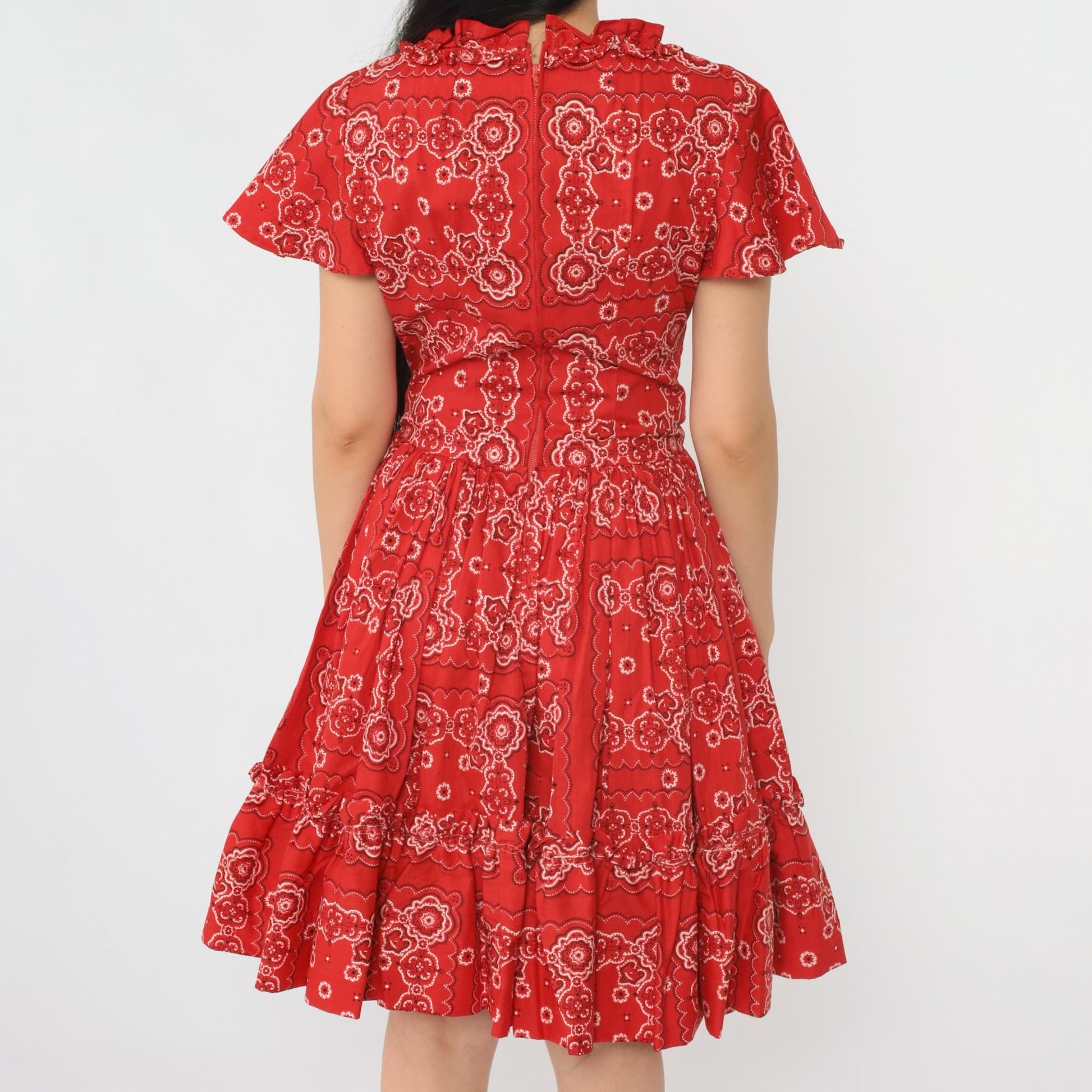 70s Red Handkerchief Print Square Dance Dress Flutter Sleeve Midi Small