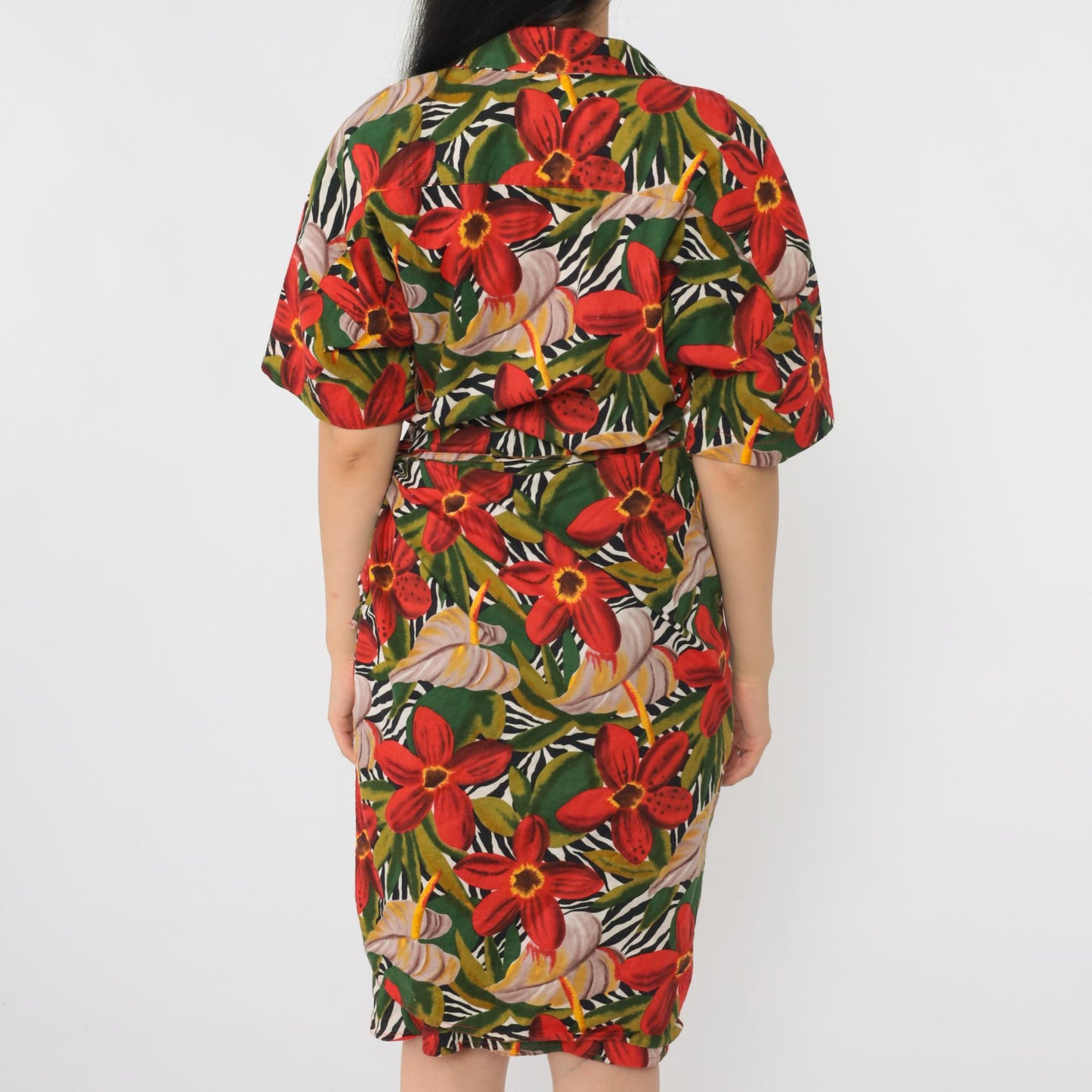 80s Tropical Floral Wrap Dress Knee Length V-Neck Red Green Small