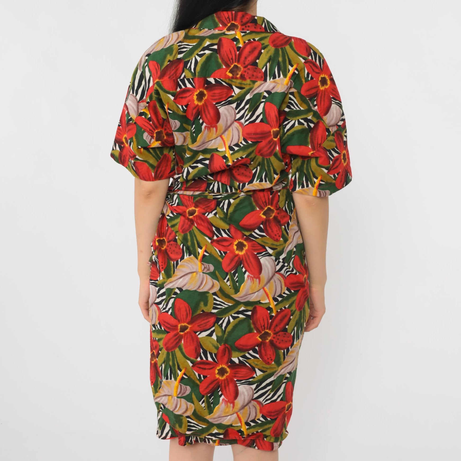 80s Tropical Floral Wrap Dress Knee Length V-Neck Red Green Small