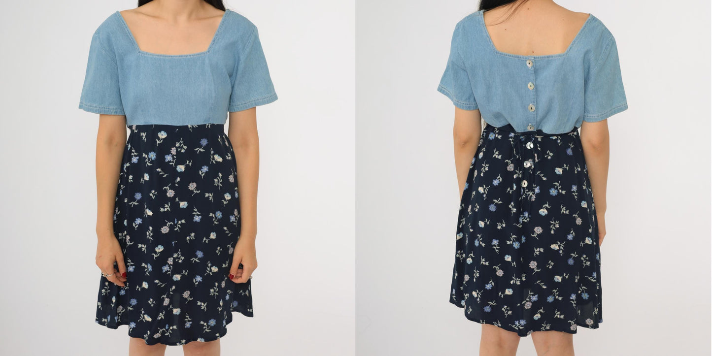 90s Jeans by Express Floral Denim Mini Dress High Waist Blue Small