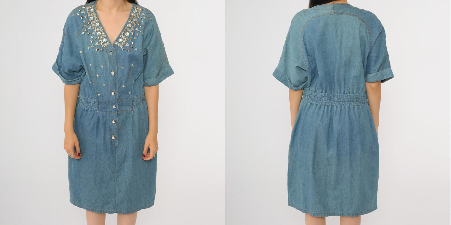 90s Styleworks Blue Denim Midi Dress Studded Rhinestone Button-Up V-Neck Medium