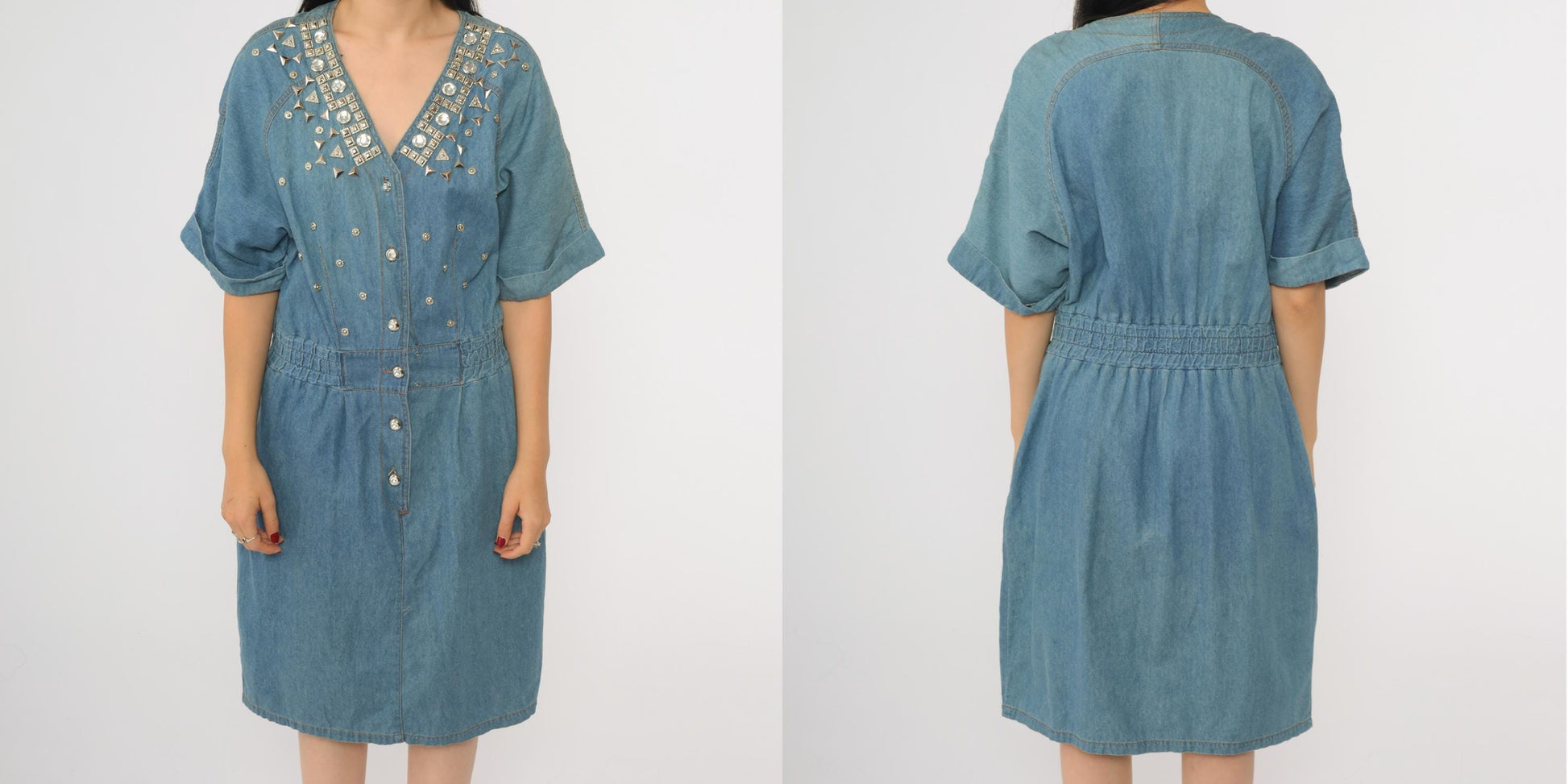 90s Styleworks Blue Denim Midi Dress Studded Rhinestone Button-Up V-Neck Medium