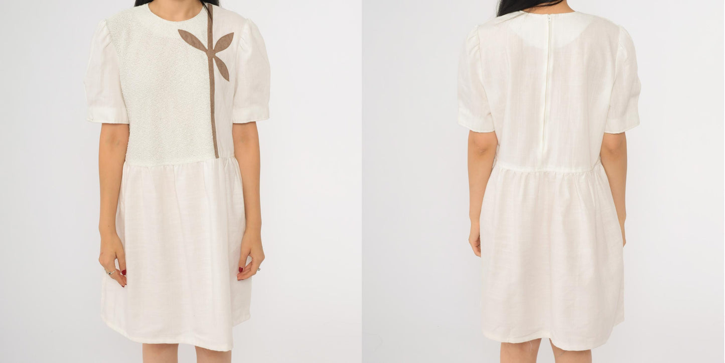 80s Leslie Fay White Floral Applique Mini Dress Puff Sleeve Boucle Knit Medium Large