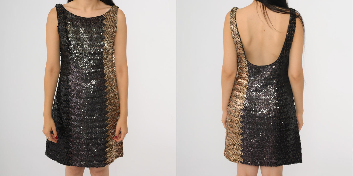60s Sequin Color Block Mini Dress Gold Black Pewter Mod Sleeveless Small