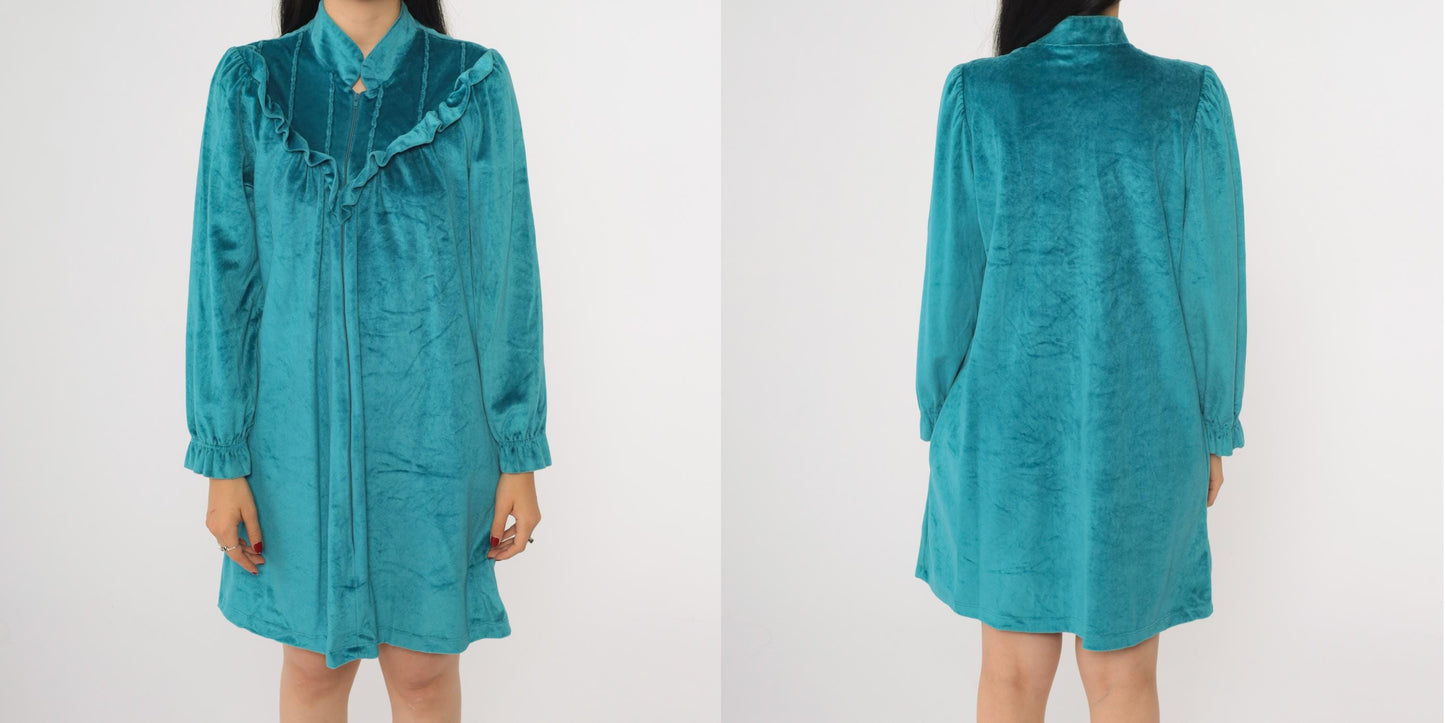 80s Lara Dee Velour Lounge Dress Teal Ruffled Yoke Zip Puff Sleeve Mini Medium